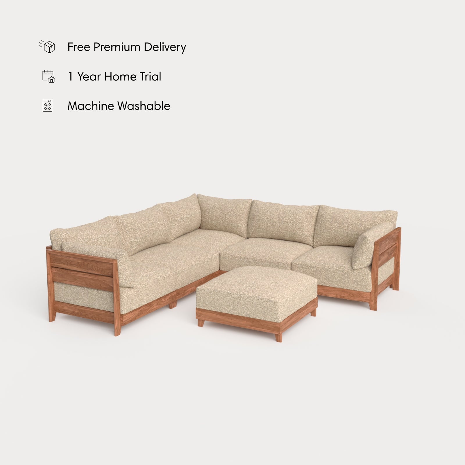 Modular Teak Outdoor 5-Seater L-Sectional + Ottoman | Alfresco Boucle in Cashew