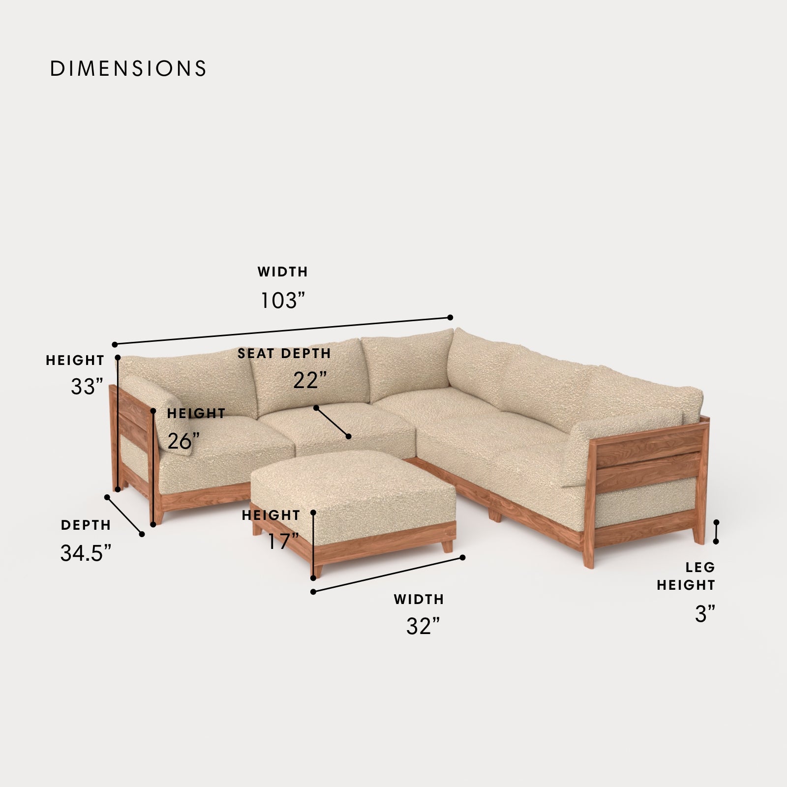 Modular Teak Outdoor 5-Seater L-Sectional + Ottoman | Alfresco Boucle in Cashew