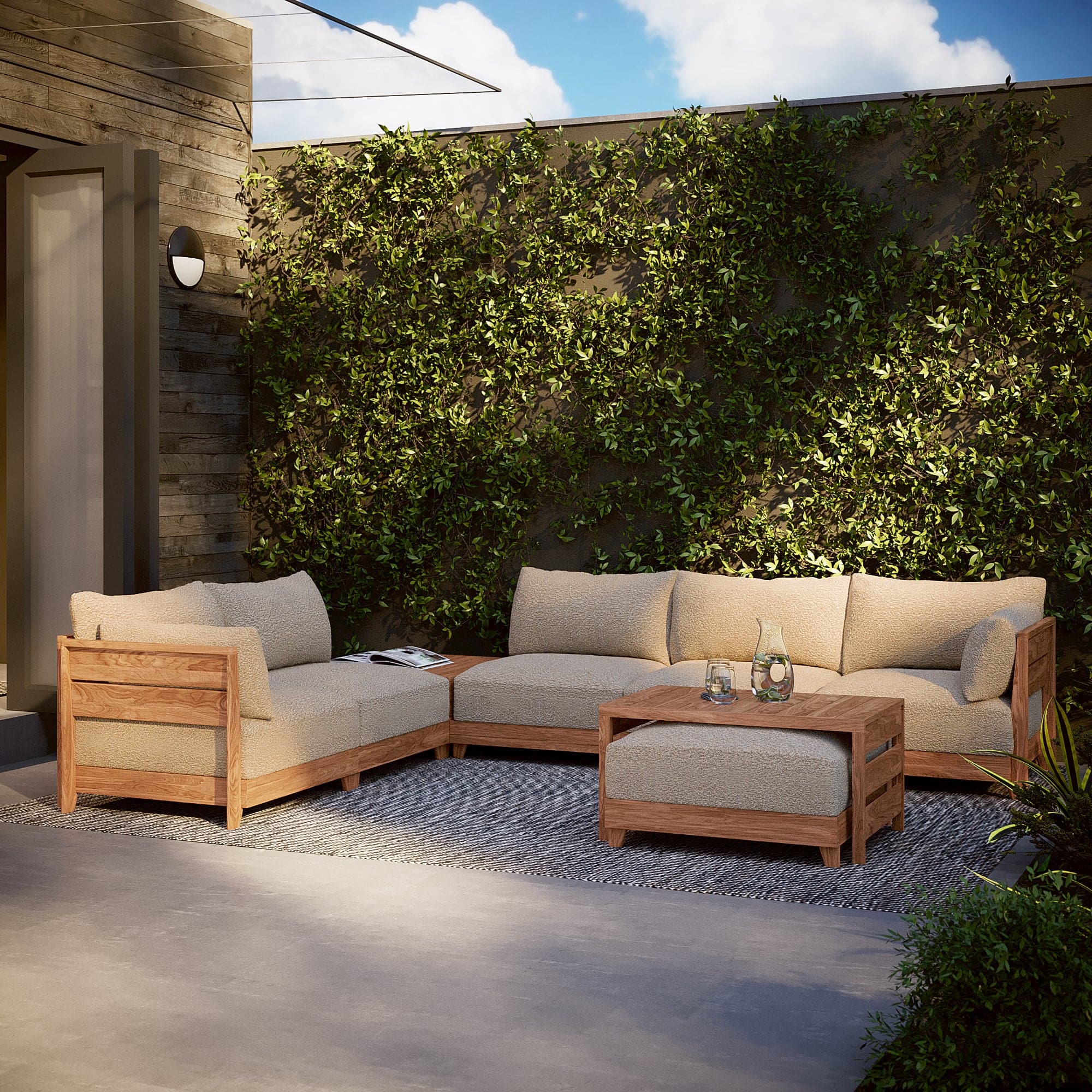 Modular Teak Outdoor 5-Seater L-Sectional + Ottoman | Alfresco Boucle in Cashew