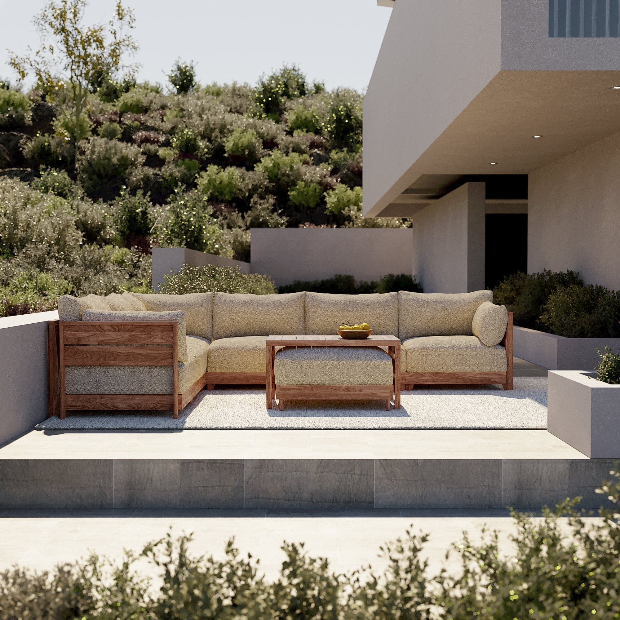 Modular Teak Outdoor 5-Seater L-Sectional + Ottoman | Alfresco Boucle in Cashew