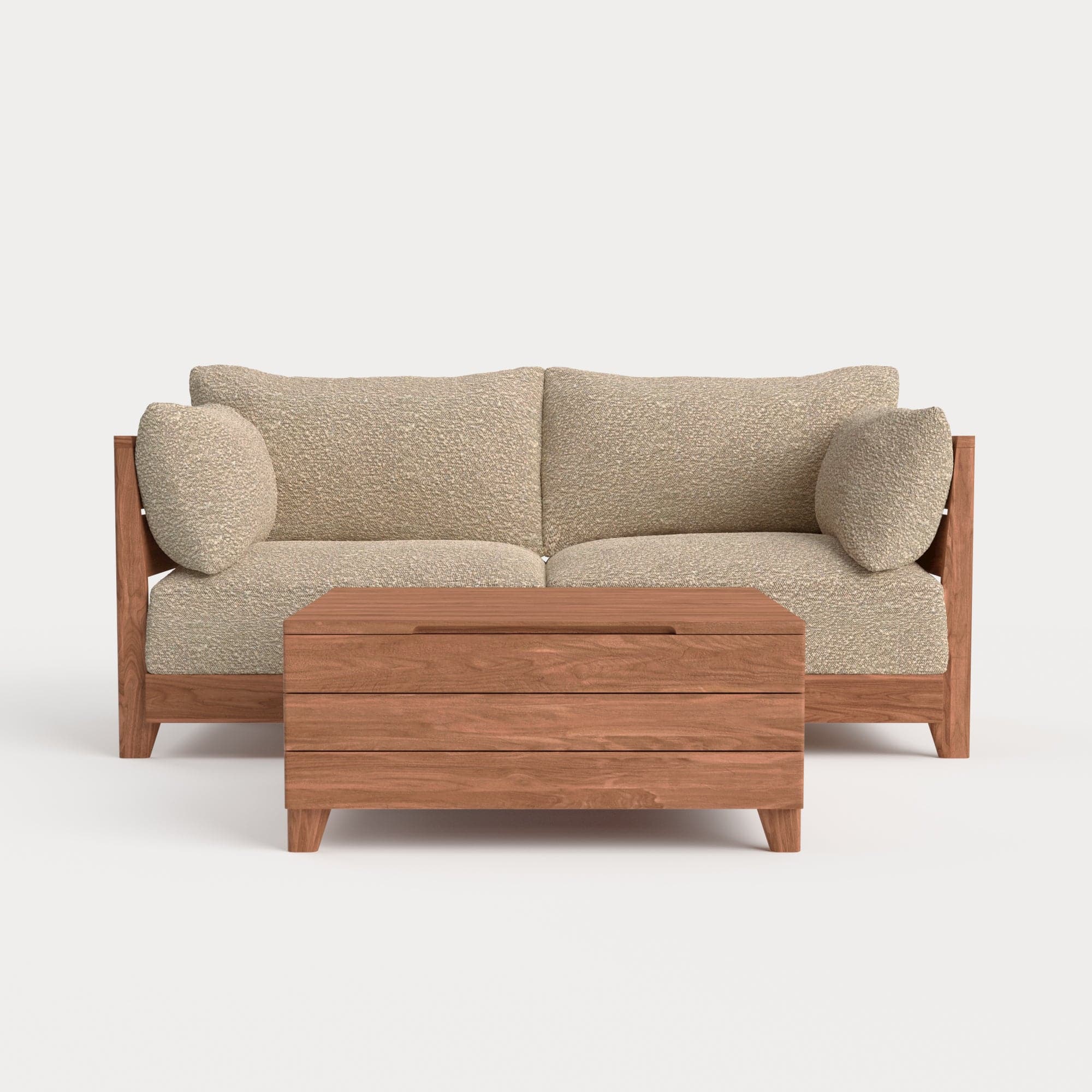 Modular Teak Outdoor Loveseat  + Storage Coffee Table | Alfresco Boucle in Cashew