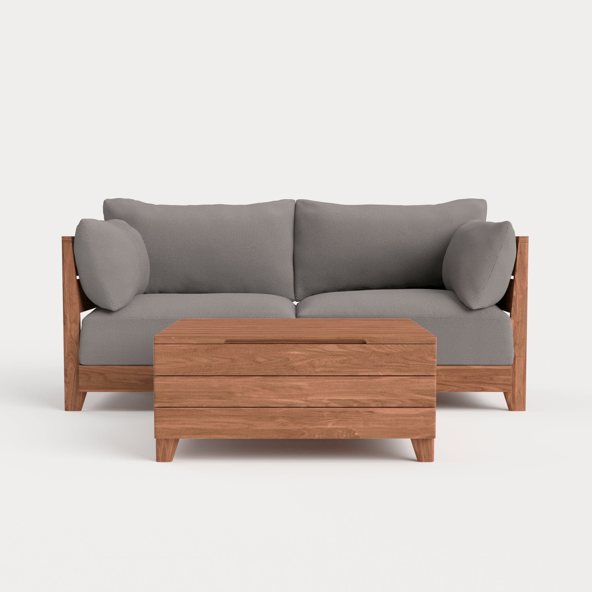 Modular Teak Outdoor Loveseat + Storage Coffee Table | Nano Slubweave in Haze Gray