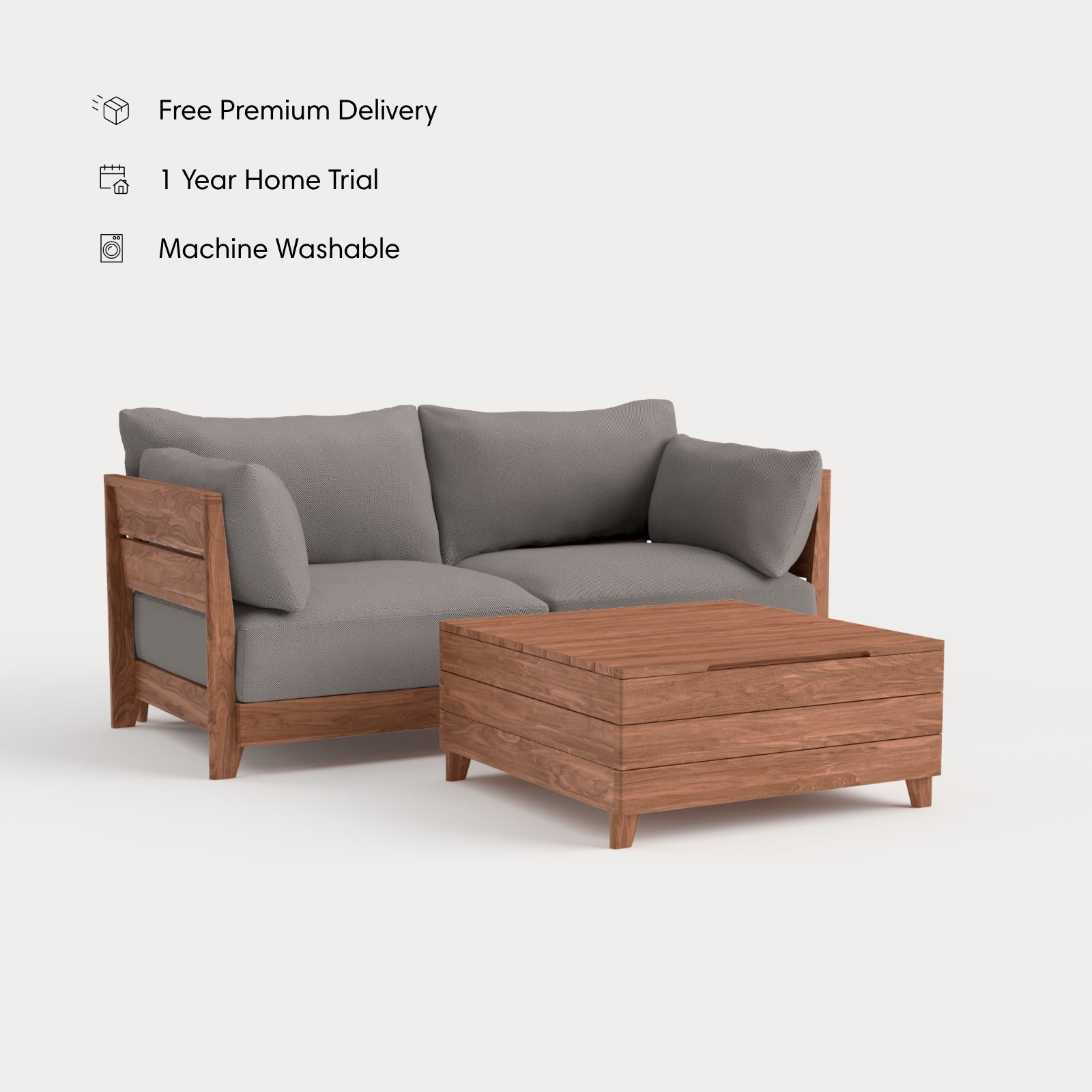 Modular Teak Outdoor Loveseat + Storage Coffee Table | Nano Slubweave in Haze Gray
