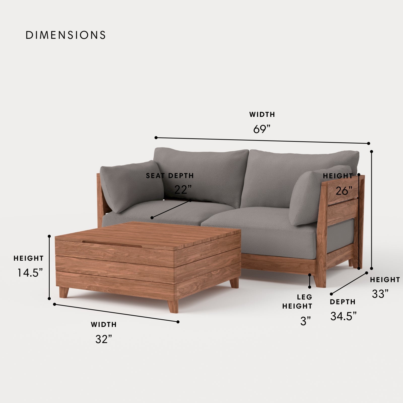 Modular Teak Outdoor Loveseat + Storage Coffee Table | Nano Slubweave in Haze Gray