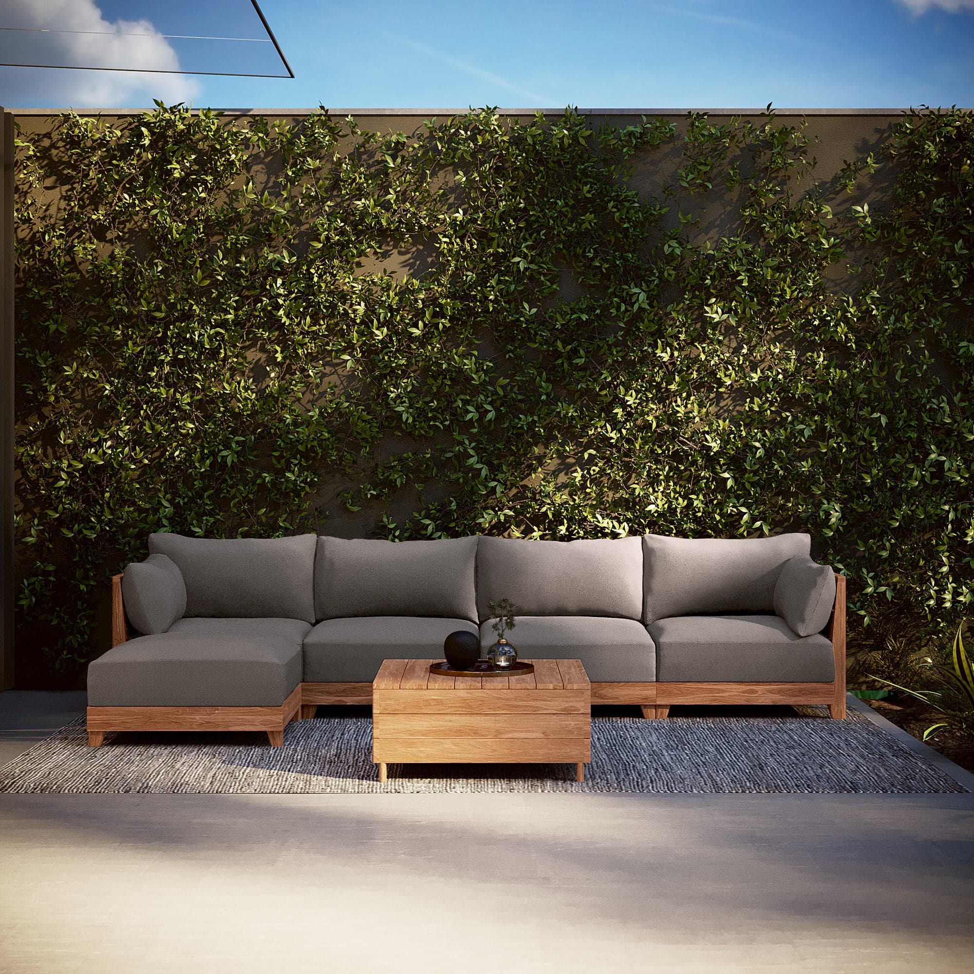 Modular Teak Outdoor Loveseat + Storage Coffee Table | Nano Slubweave in Haze Gray