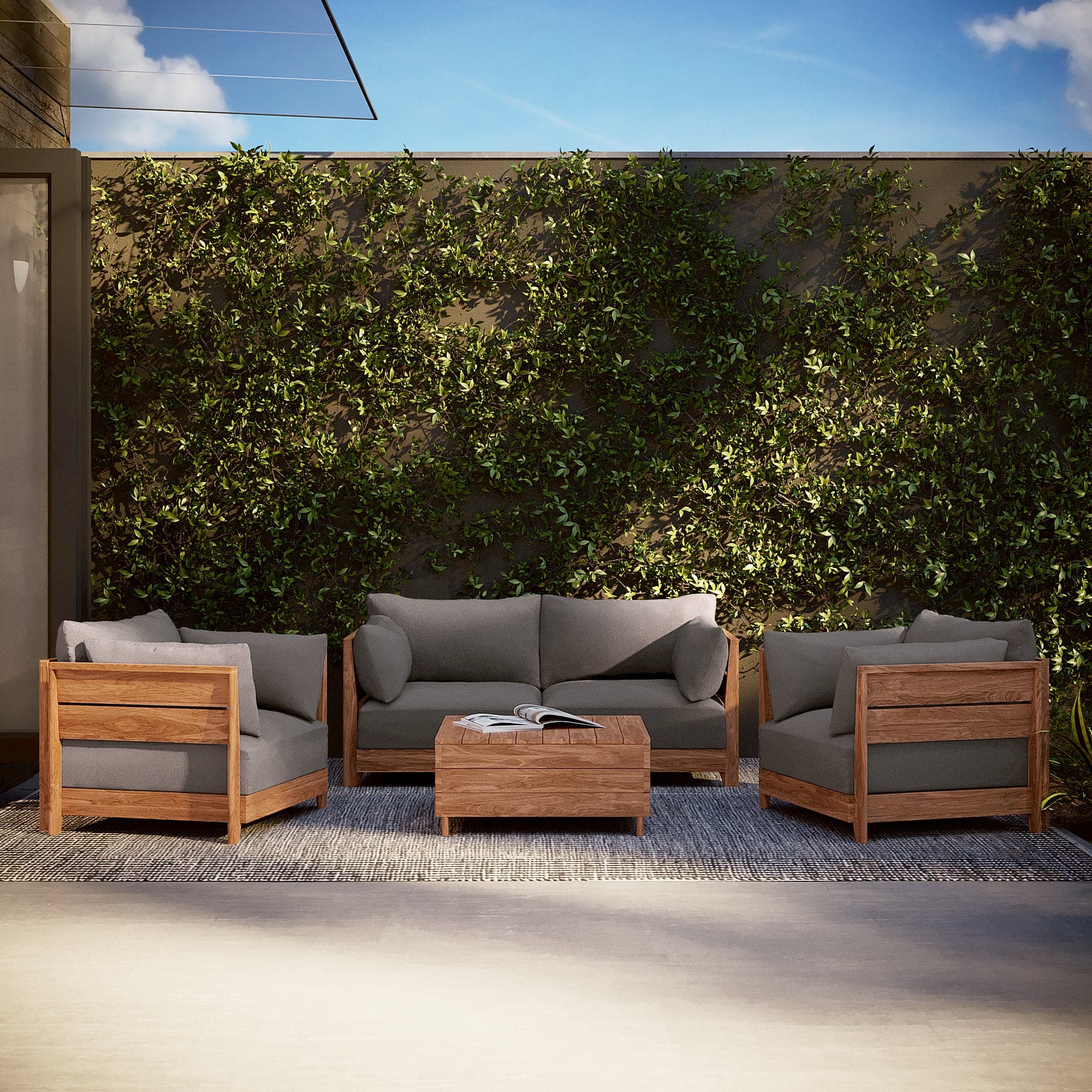 Modular Teak Outdoor Loveseat + Storage Coffee Table | Nano Slubweave in Haze Gray