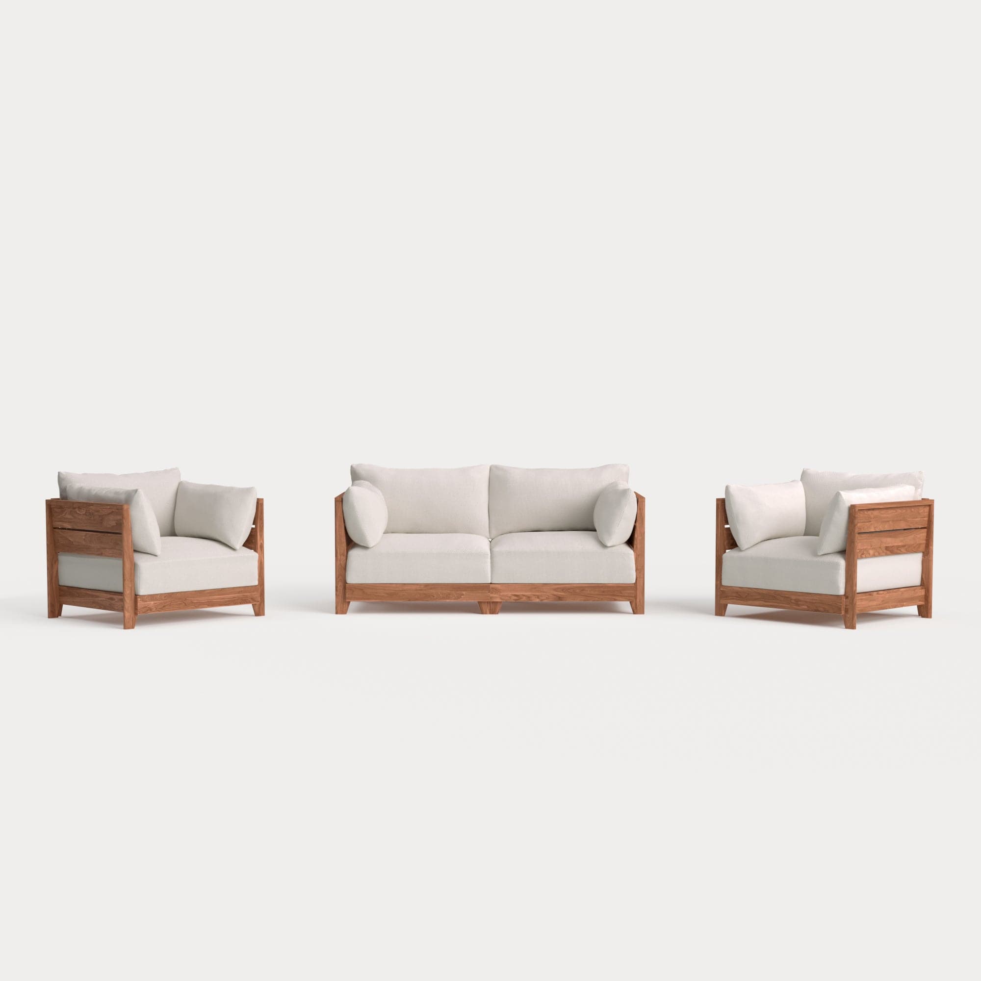 Modular Teak Outdoor Loveseat + Armchair Set | Nano Slubweave in Chai