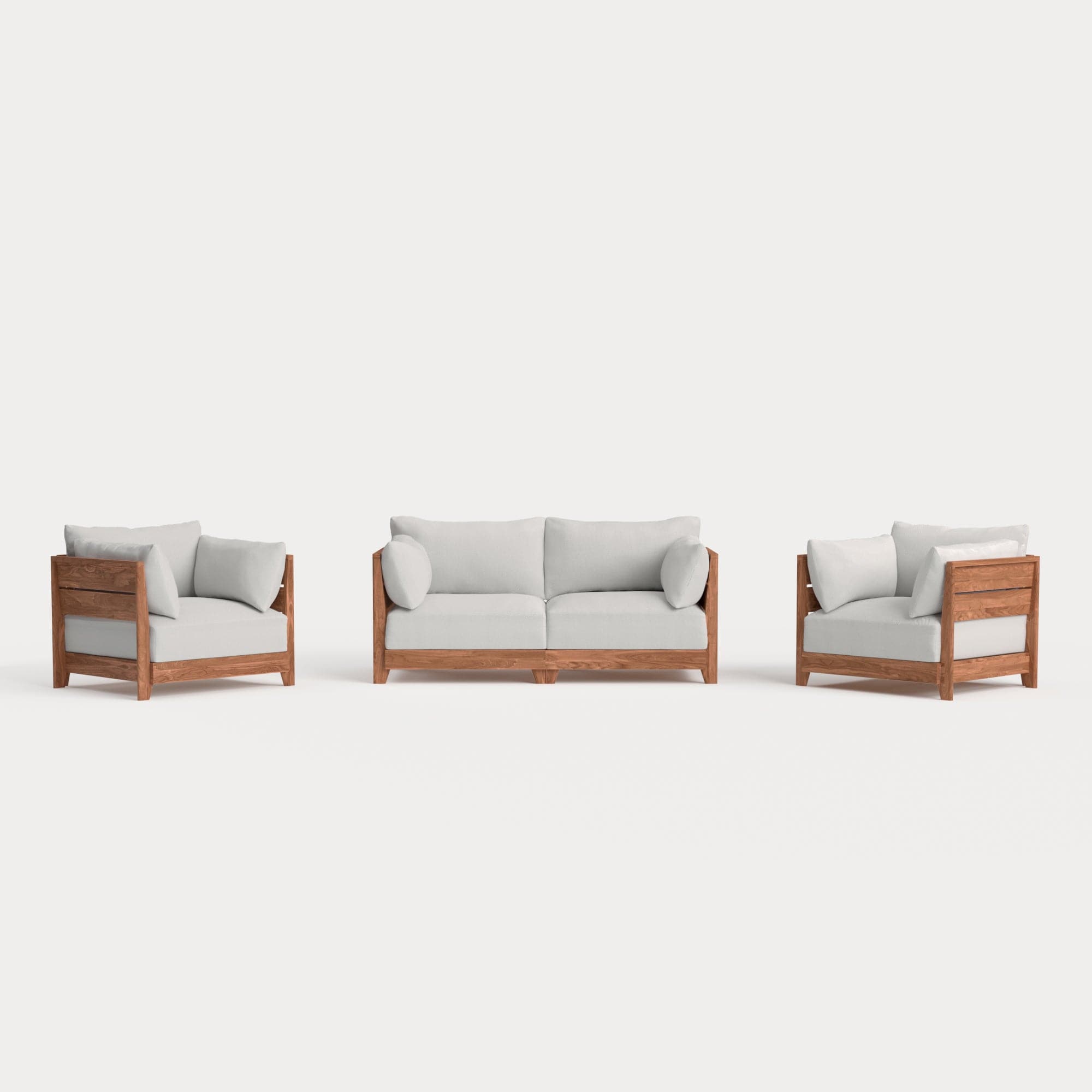 Modular Teak Outdoor Loveseat + Armchair Set | Nano Slubweave in Mist