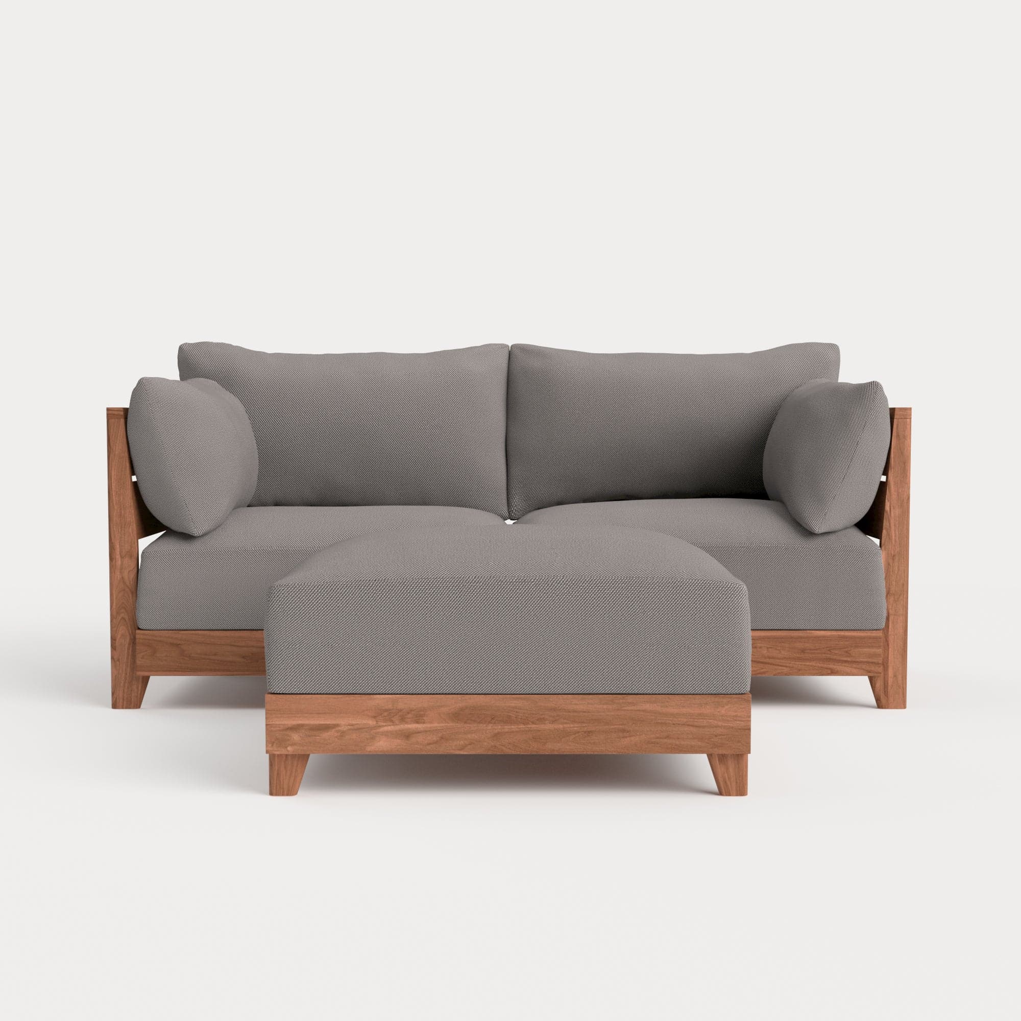 Modular Teak Outdoor Loveseat + Ottoman | Nano Slubweave in Haze Gray