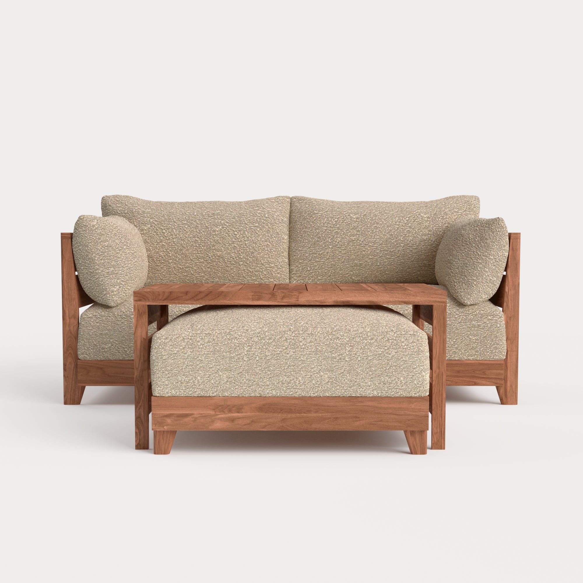 Modular Teak Outdoor Loveseat with Ottoman + Side Table | Alfresco Boucle in Cashew