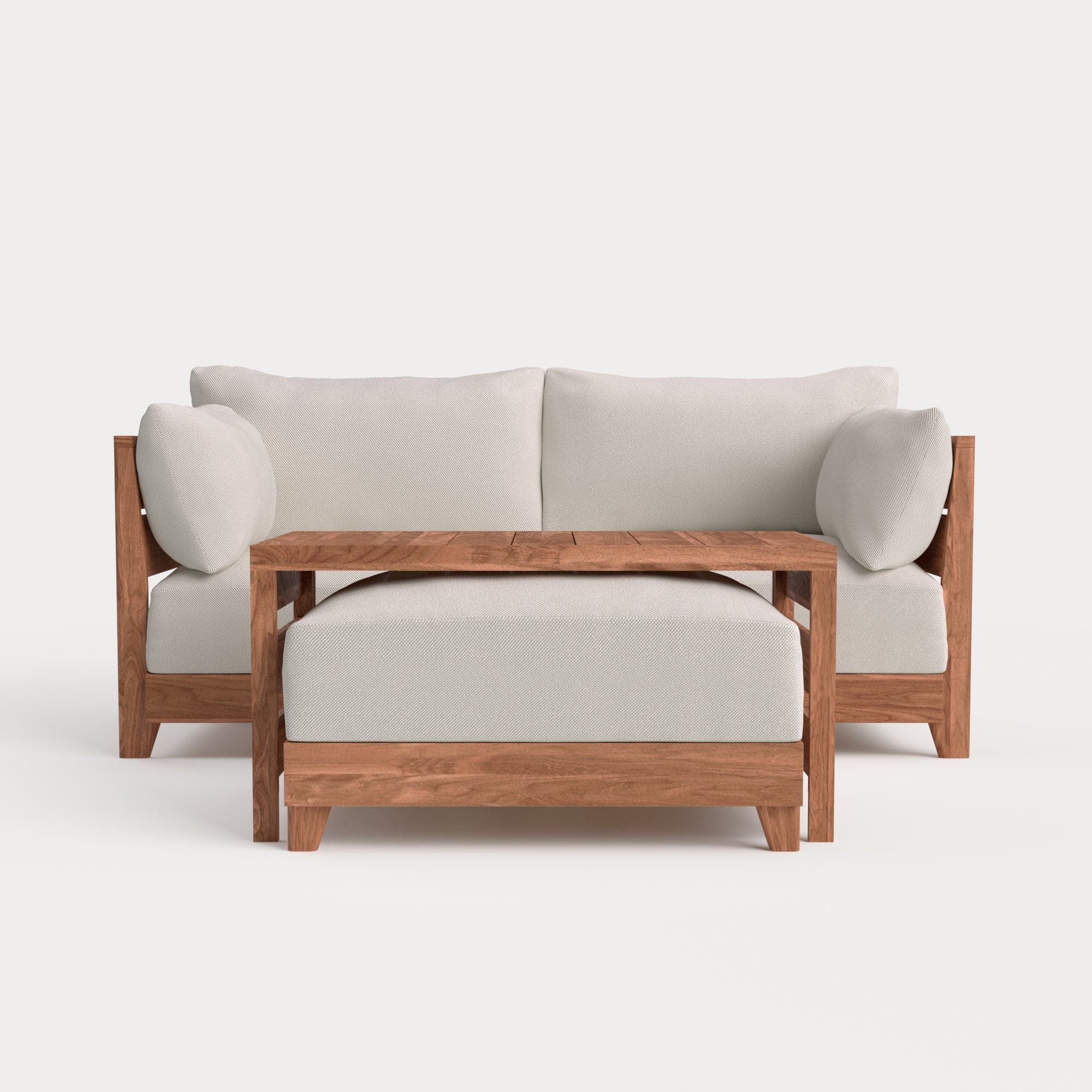 Modular Teak Outdoor Loveseat with Ottoman + Side Table | Nano Slubweave in Chai