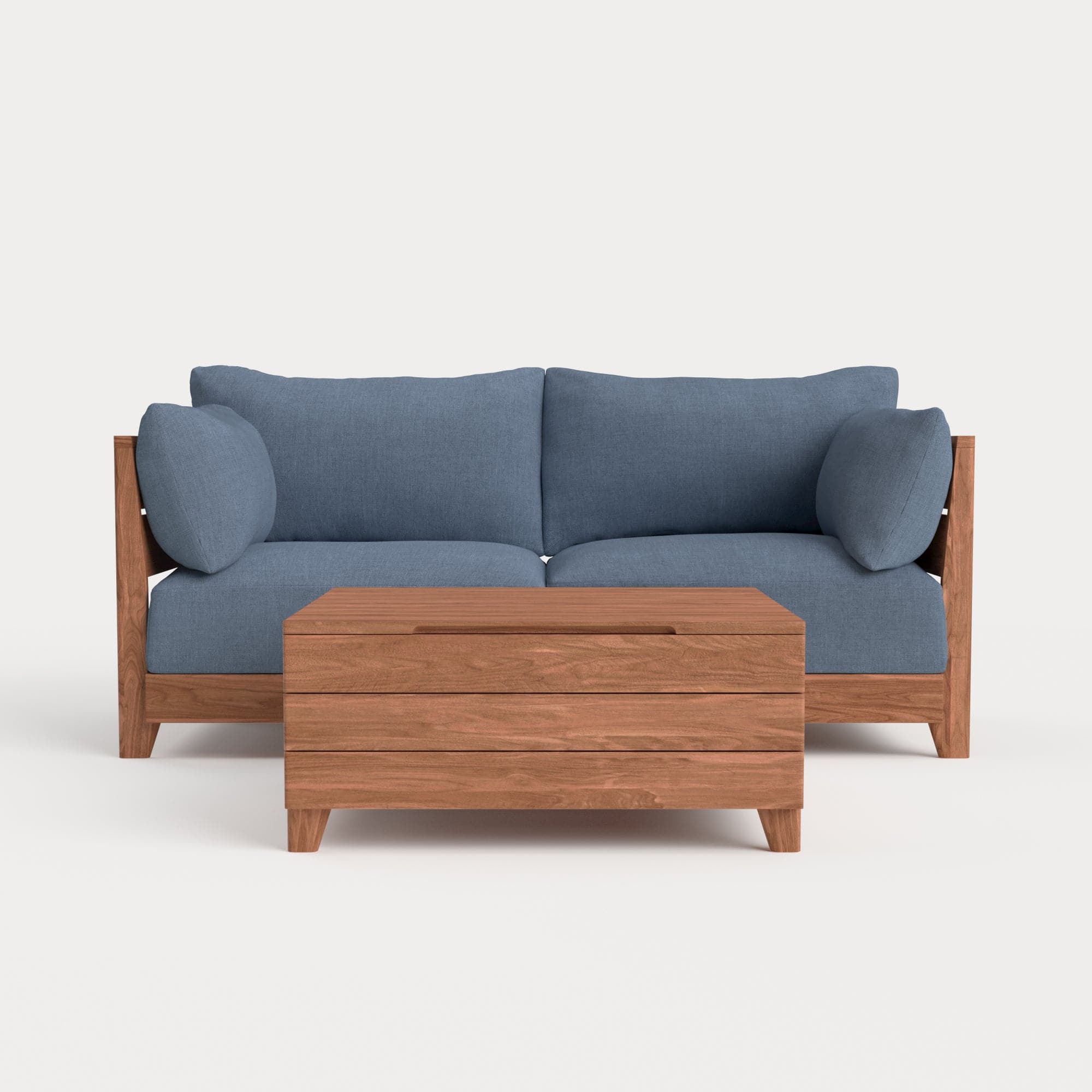 Dwell™ Modular Teak Outdoor Loveseat  + Storage Coffee Table | Classic Canvas in Ocean