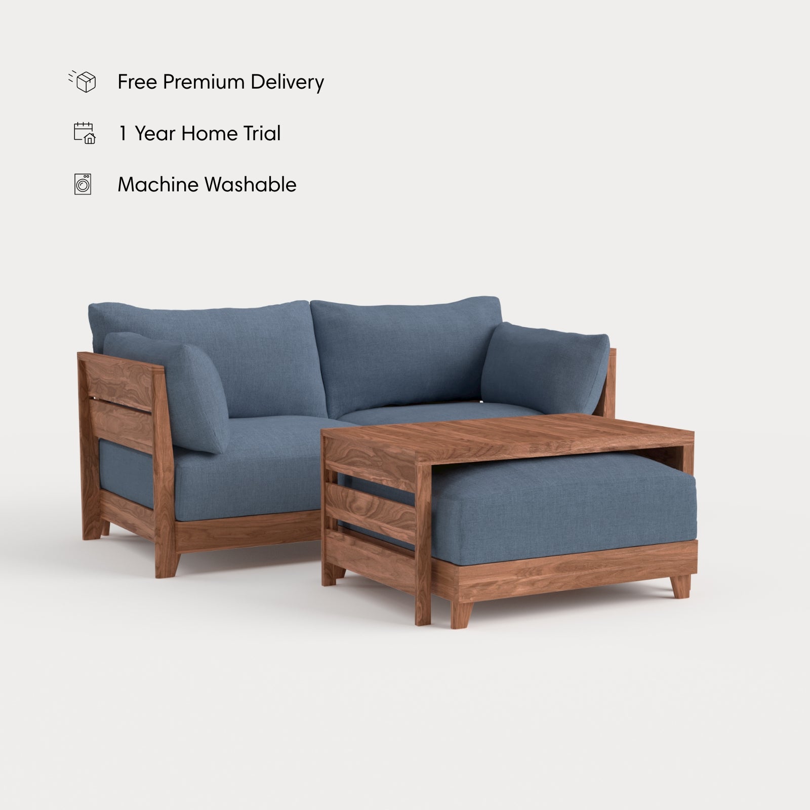 Dwell™ Modular Teak Outdoor Loveseat with Ottoman + Side Table | Classic Canvas in Ocean