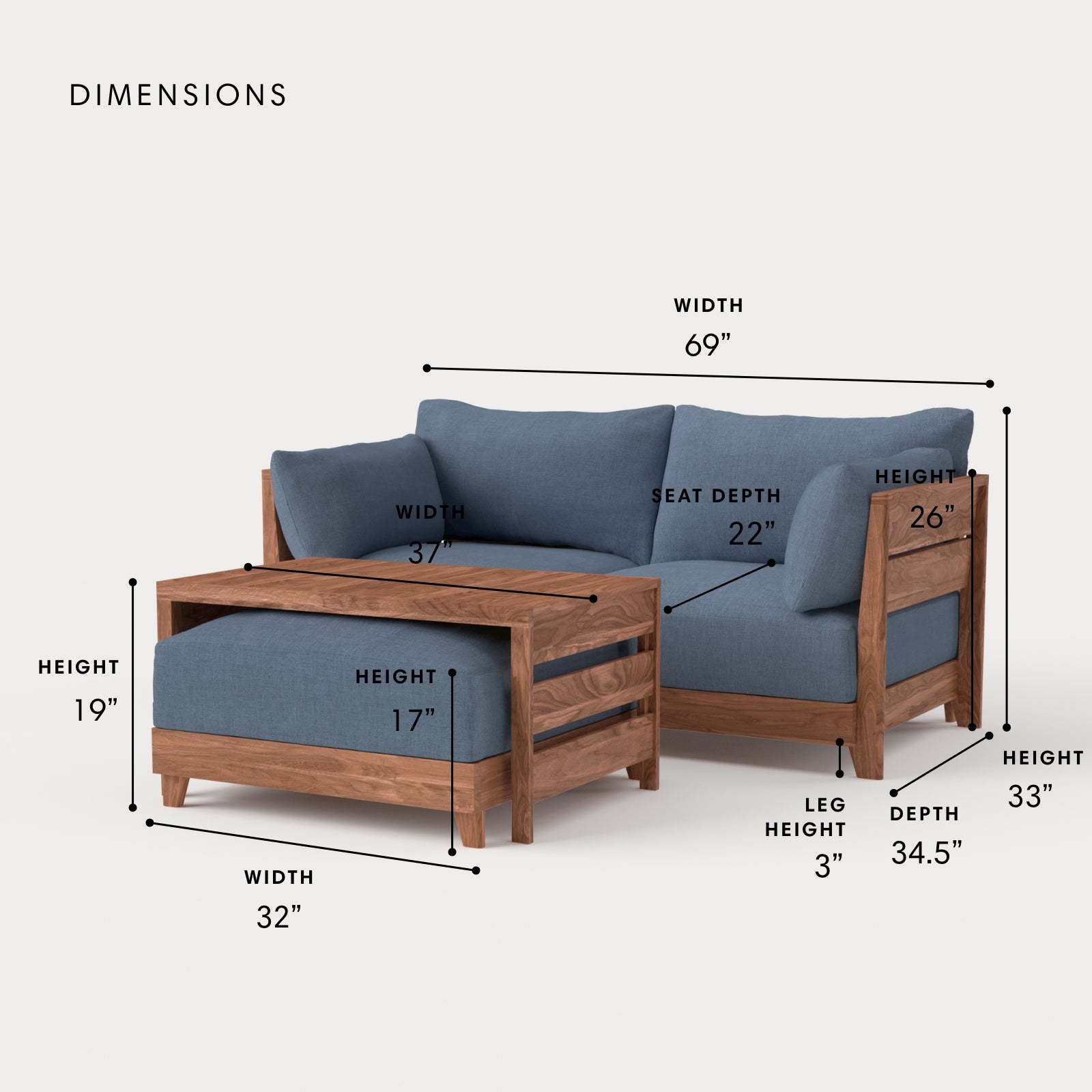 Dwell™ Modular Teak Outdoor Loveseat with Ottoman + Side Table | Classic Canvas in Ocean