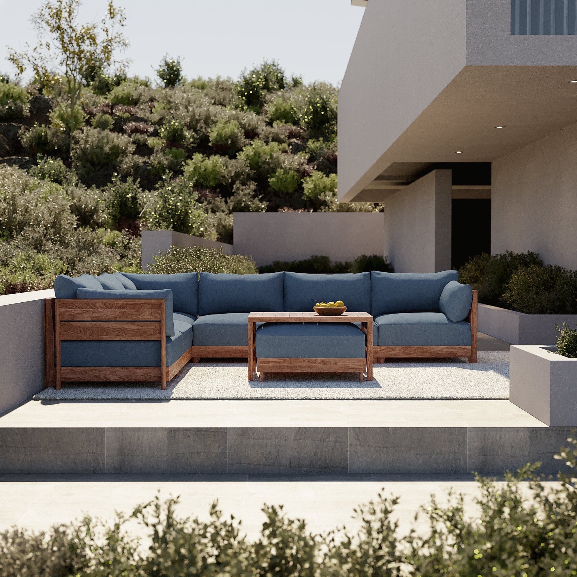 Dwell™ Modular Teak Outdoor Loveseat with Ottoman + Side Table | Classic Canvas in Ocean
