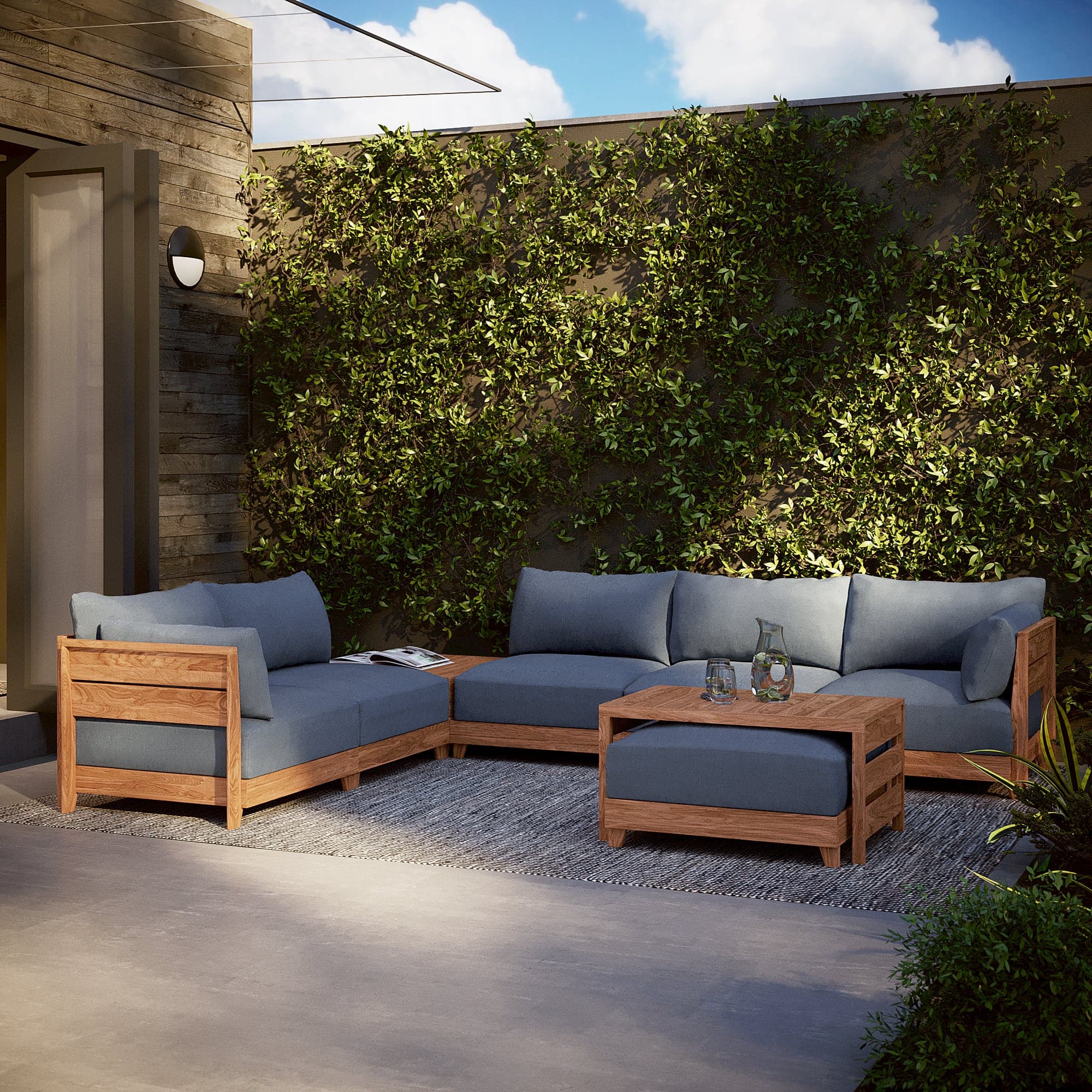 Dwell™ Modular Teak Outdoor Loveseat with Ottoman + Side Table | Classic Canvas in Ocean