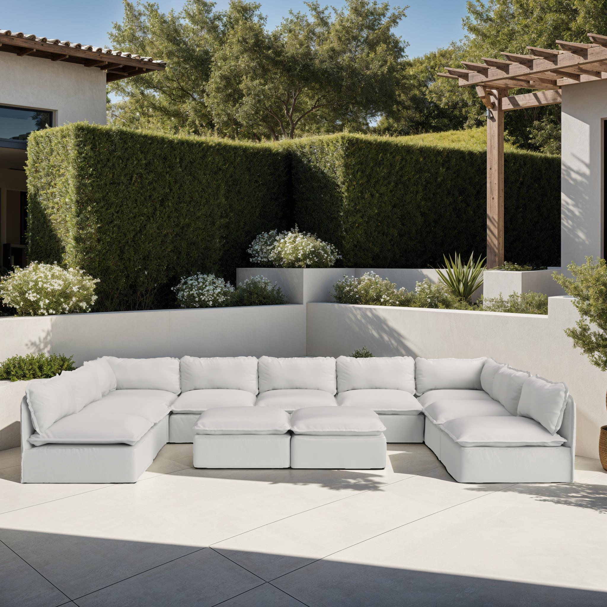 Slipcover Only - Modular Outdoor Washable 6-Seater Open-Ends U-Sectional + Ottoman | Nano Slubweave in Mist