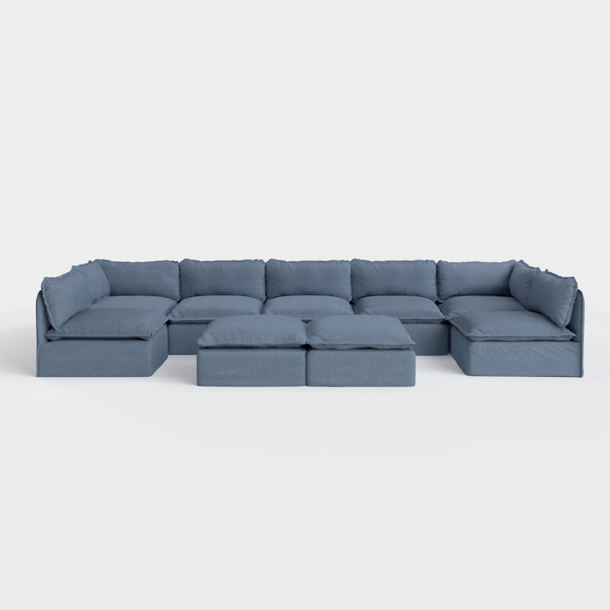 Slipcover Only - Modular Outdoor Washable 7-Seater Open-Ends U-Sectional + Bench Ottoman | Classic Canvas in Ocean