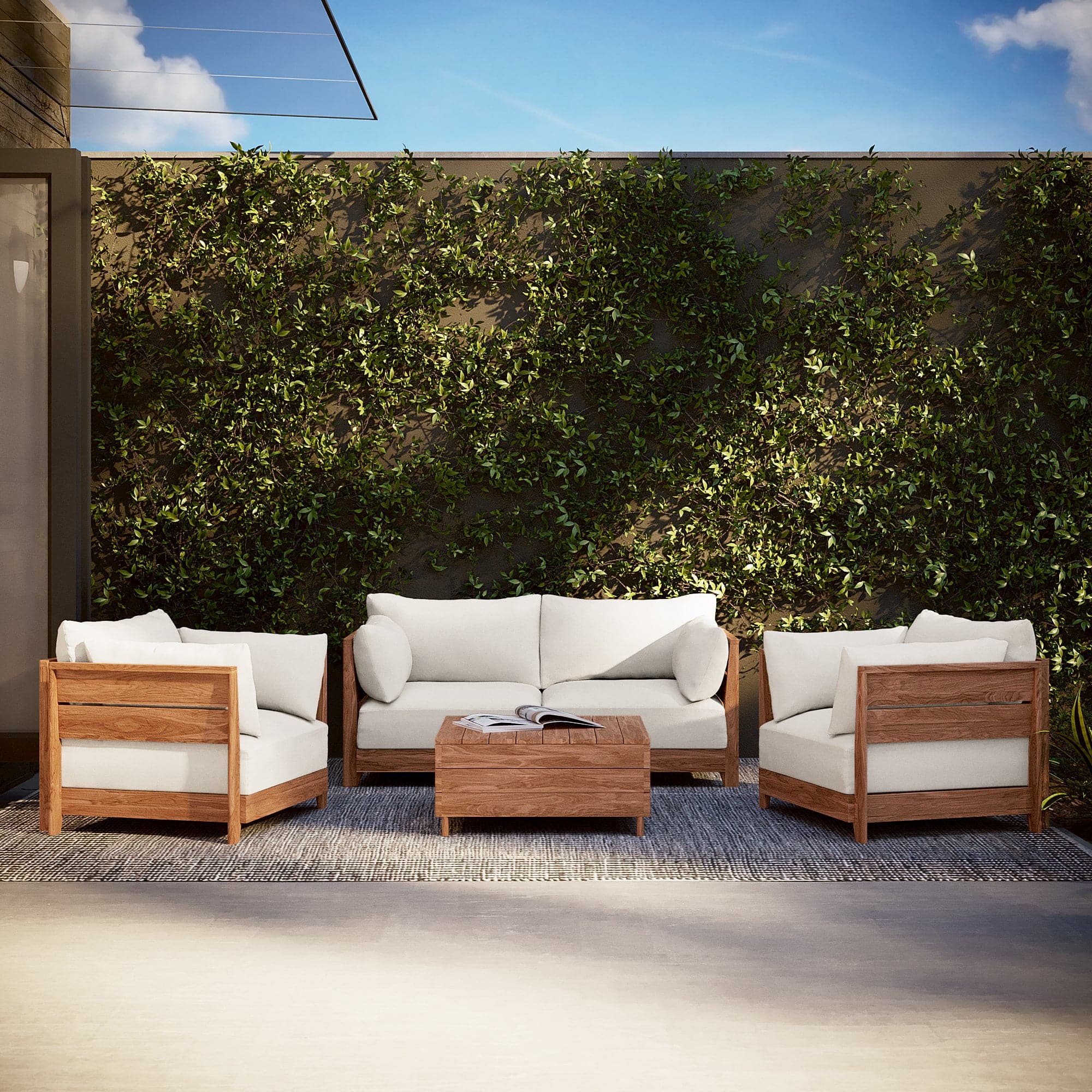 Dwell™ Modular Teak Outdoor Sofa + Storage Coffee Table | Classic Canvas in Cloud