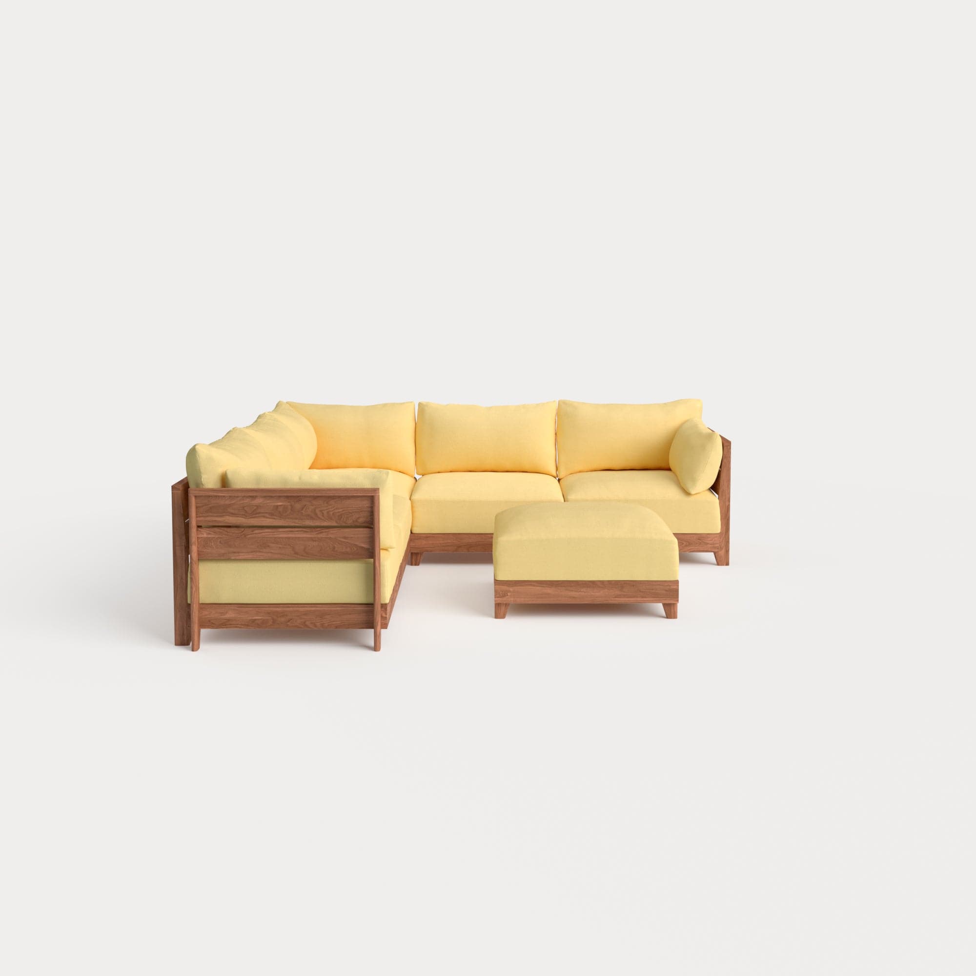 Dwell™ Modular Teak Outdoor 5-Seater L-Sectional + Ottoman | Classic Canvas in Sun