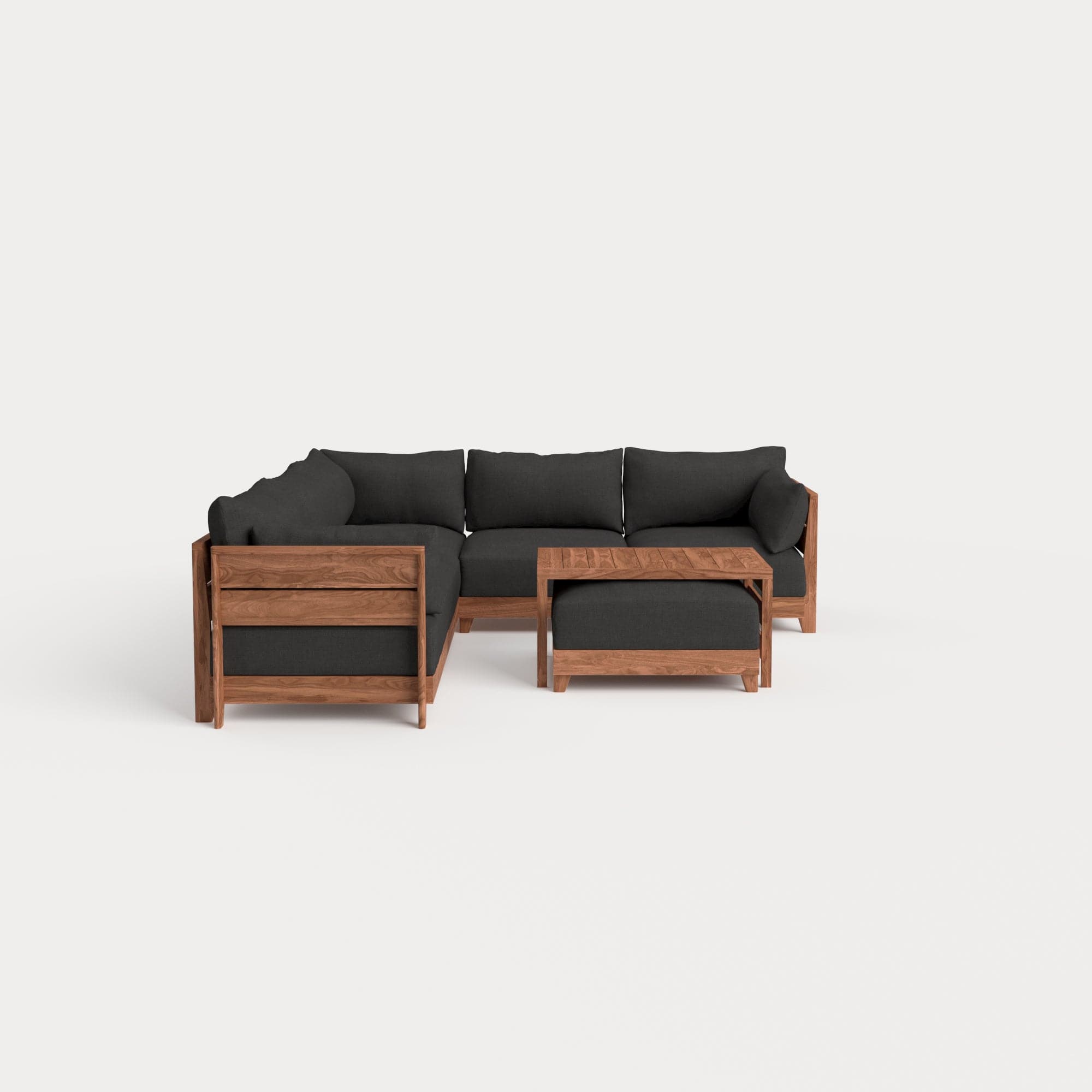 Dwell™ Modular Teak Outdoor 5-Seater L-Sectional with Ottoman + Side Table | Classic Canvas in Charcoal
