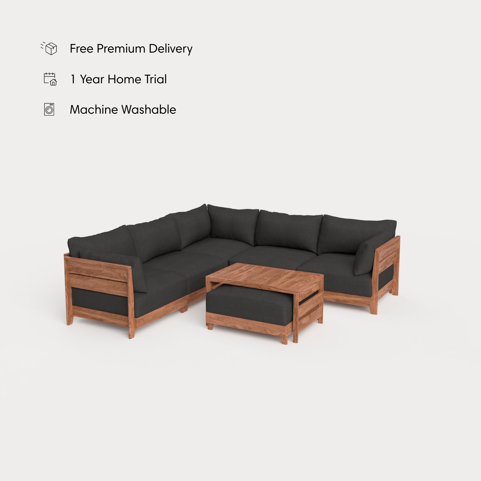 Dwell™ Modular Teak Outdoor 5-Seater L-Sectional with Ottoman + Side Table | Classic Canvas in Charcoal
