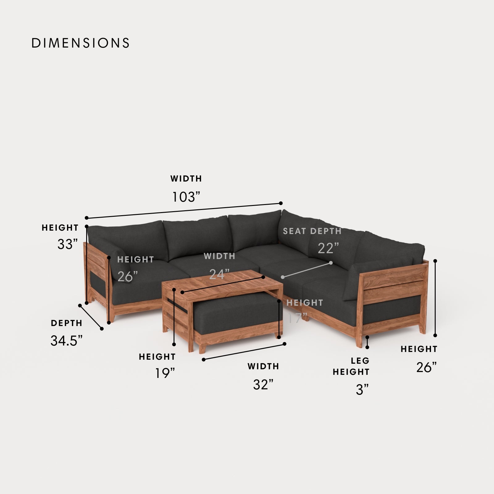 Dwell™ Modular Teak Outdoor 5-Seater L-Sectional with Ottoman + Side Table | Classic Canvas in Charcoal