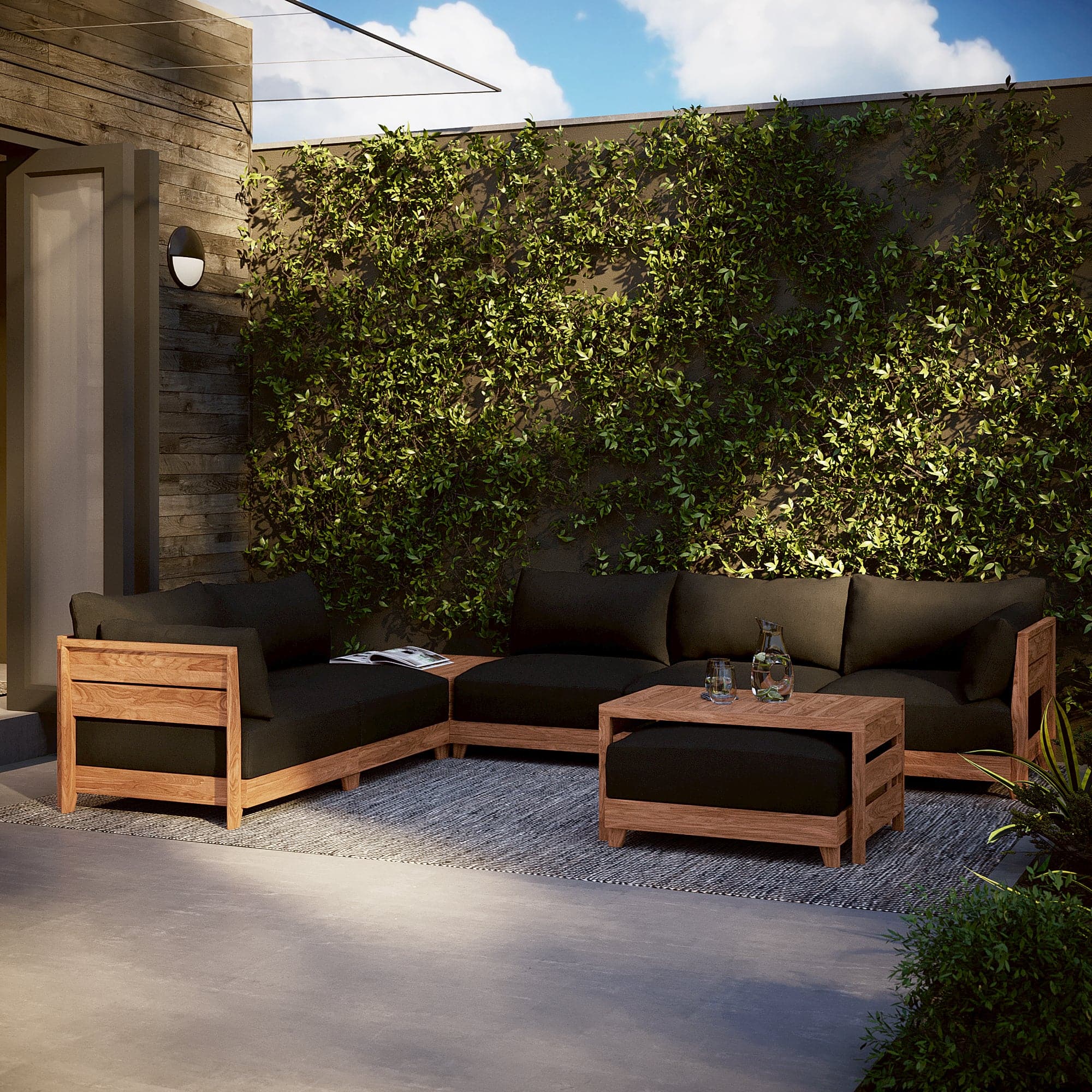 Dwell™ Modular Teak Outdoor 5-Seater L-Sectional with Ottoman + Side Table | Classic Canvas in Charcoal