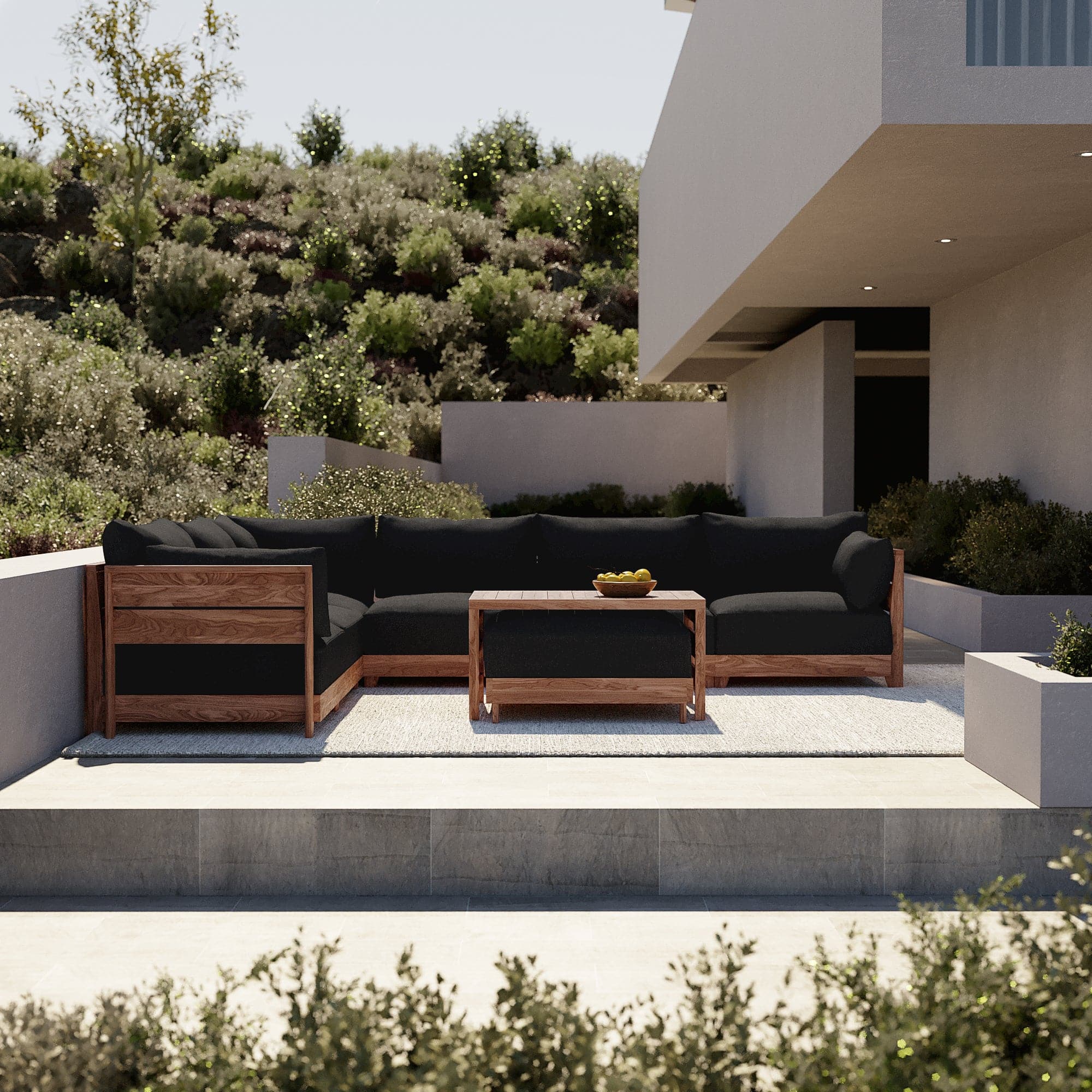 Dwell™ Modular Teak Outdoor 5-Seater L-Sectional with Ottoman + Side Table | Classic Canvas in Charcoal
