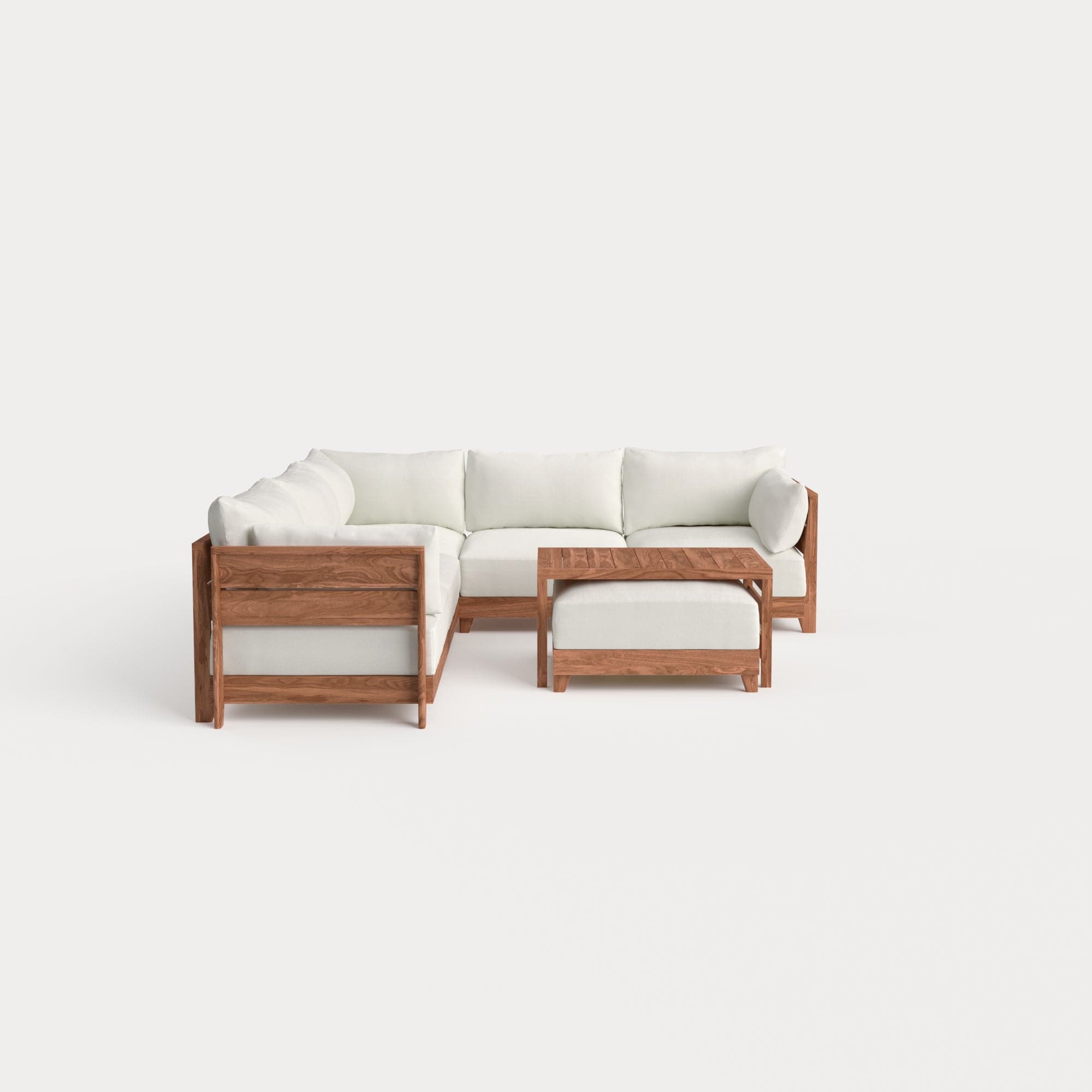 Dwell™ Modular Teak Outdoor 5-Seater L-Sectional with Ottoman + Side Table | Classic Canvas in Cloud