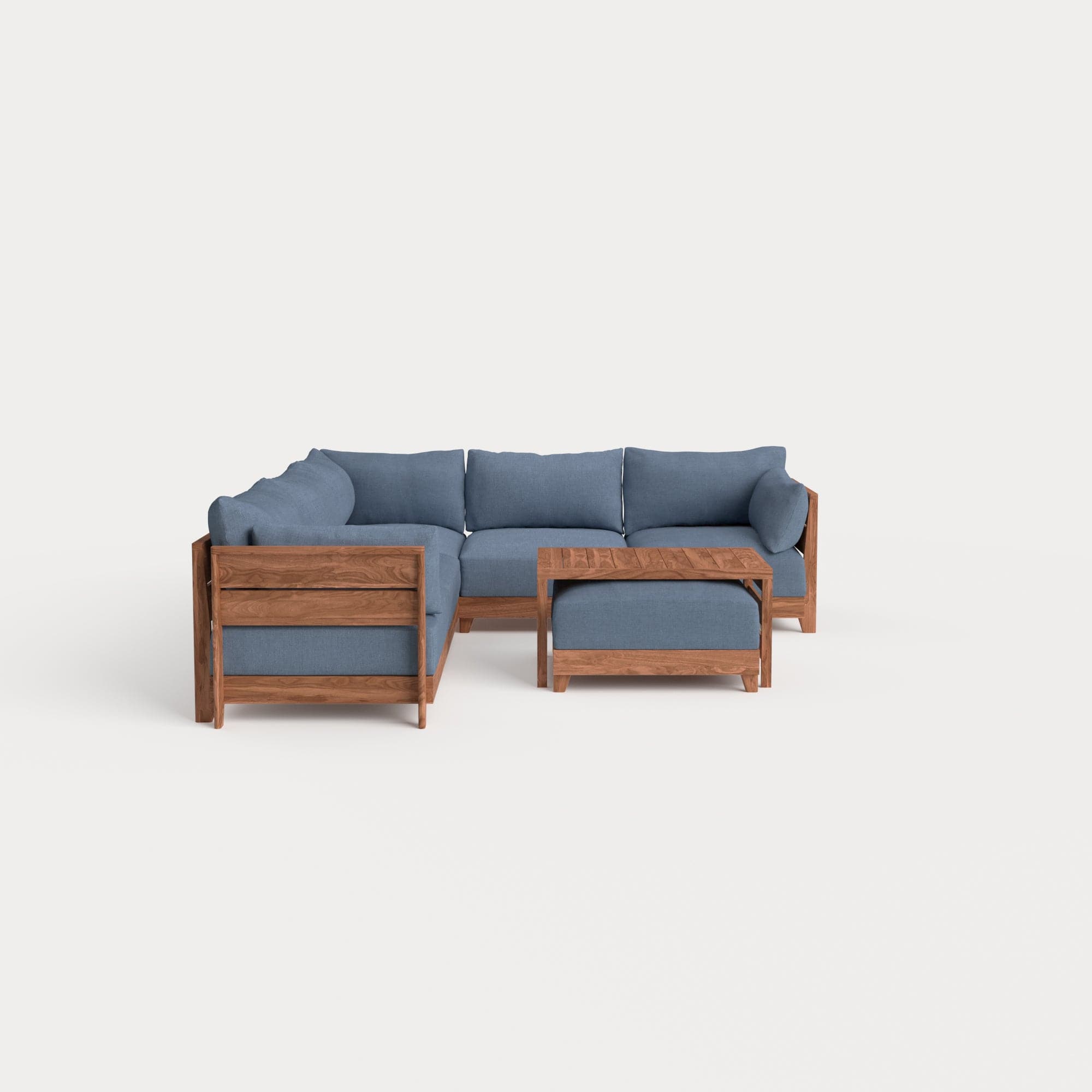Dwell™ Modular Teak Outdoor 5-Seater L-Sectional with Ottoman + Side Table | Classic Canvas in Ocean