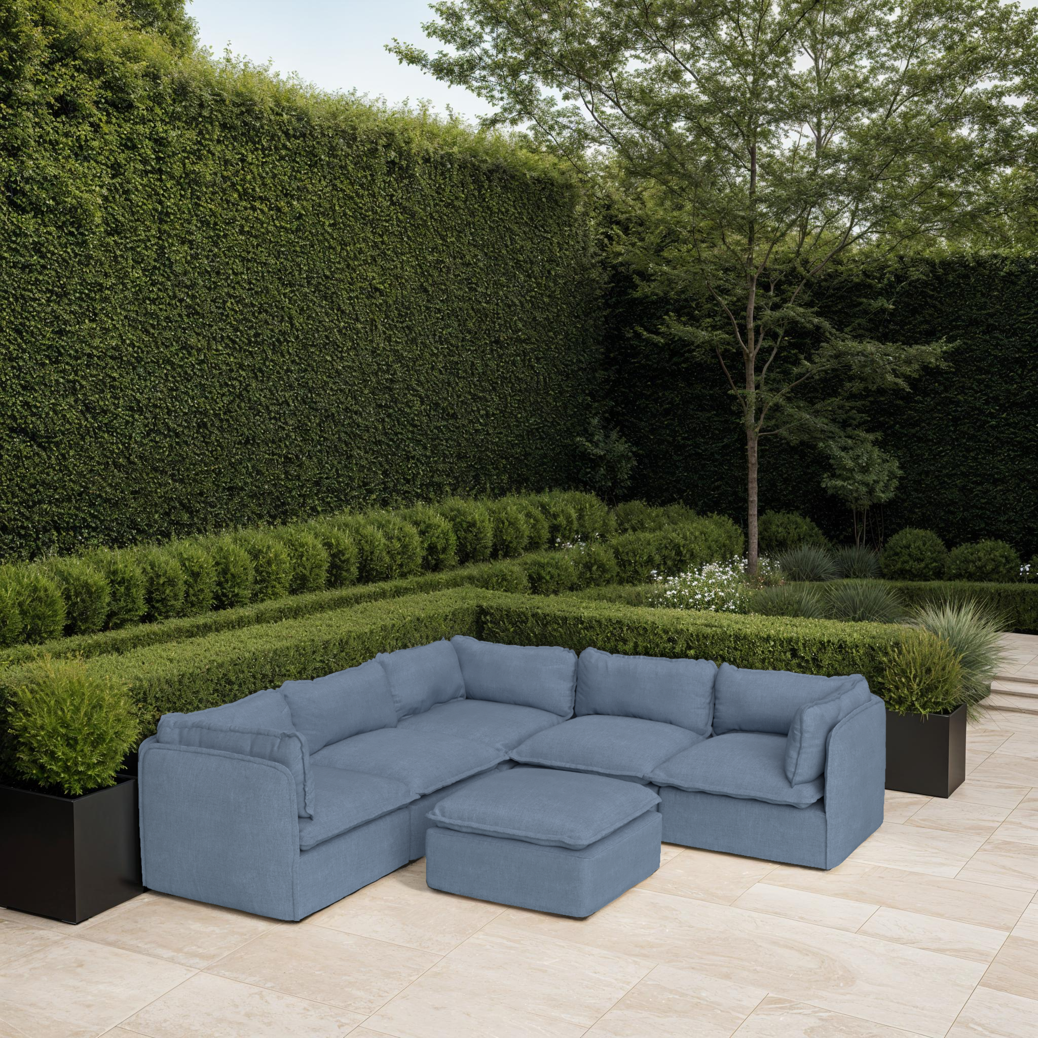 Modular Outdoor Washable 4-Seater Corner Sectional + Ottoman | Classic Canvas in Ocean