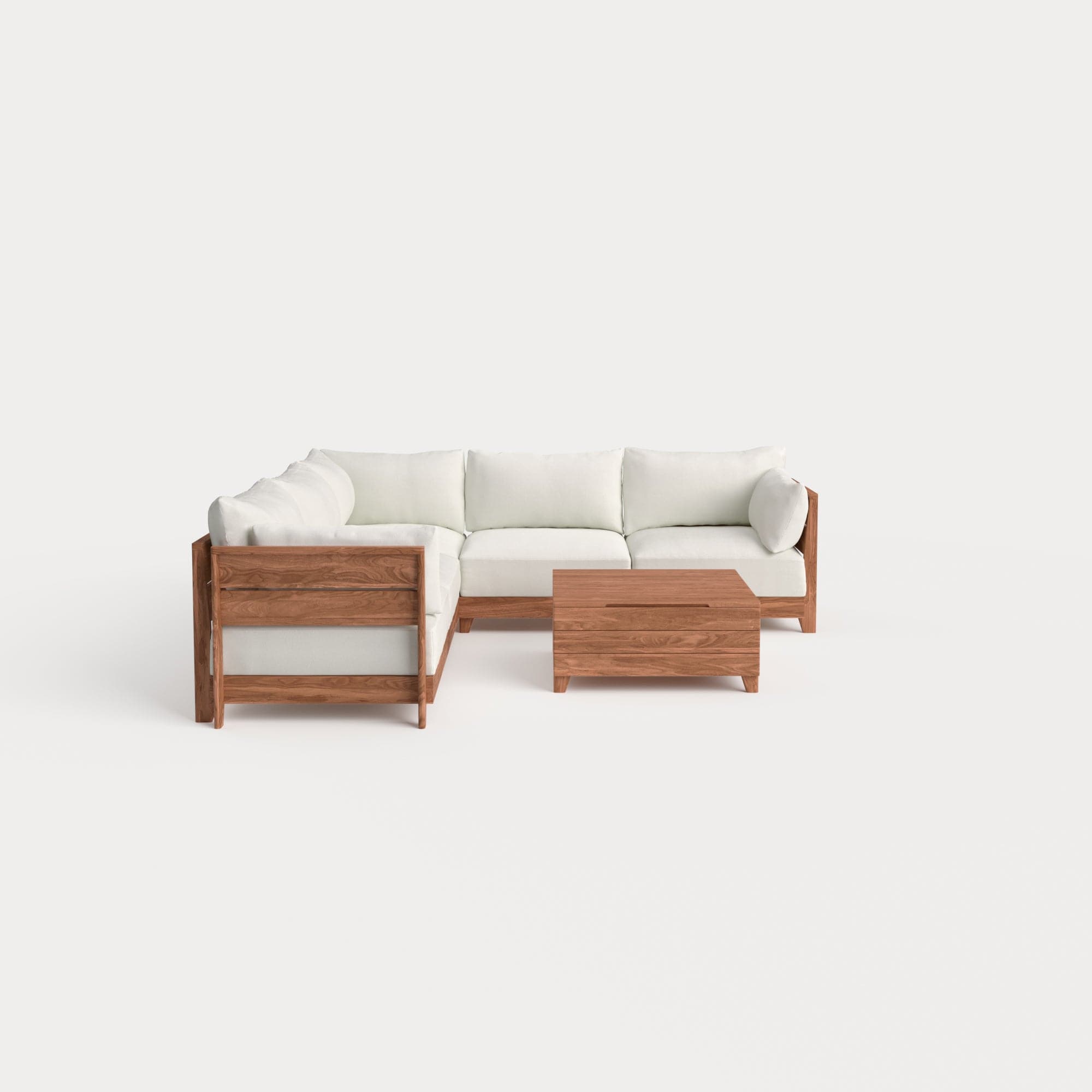 Dwell™ Modular Teak Outdoor 5-Seater L-Sectional with Storage Coffee Table  | Classic Canvas in Cloud