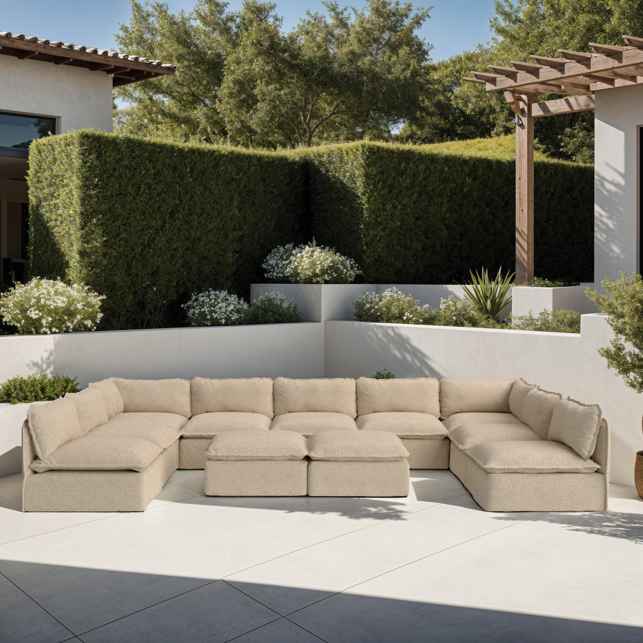 Modular Outdoor Washable 6-Seater U-Sectional + Ottoman | Alfresco Boucle in Cashew