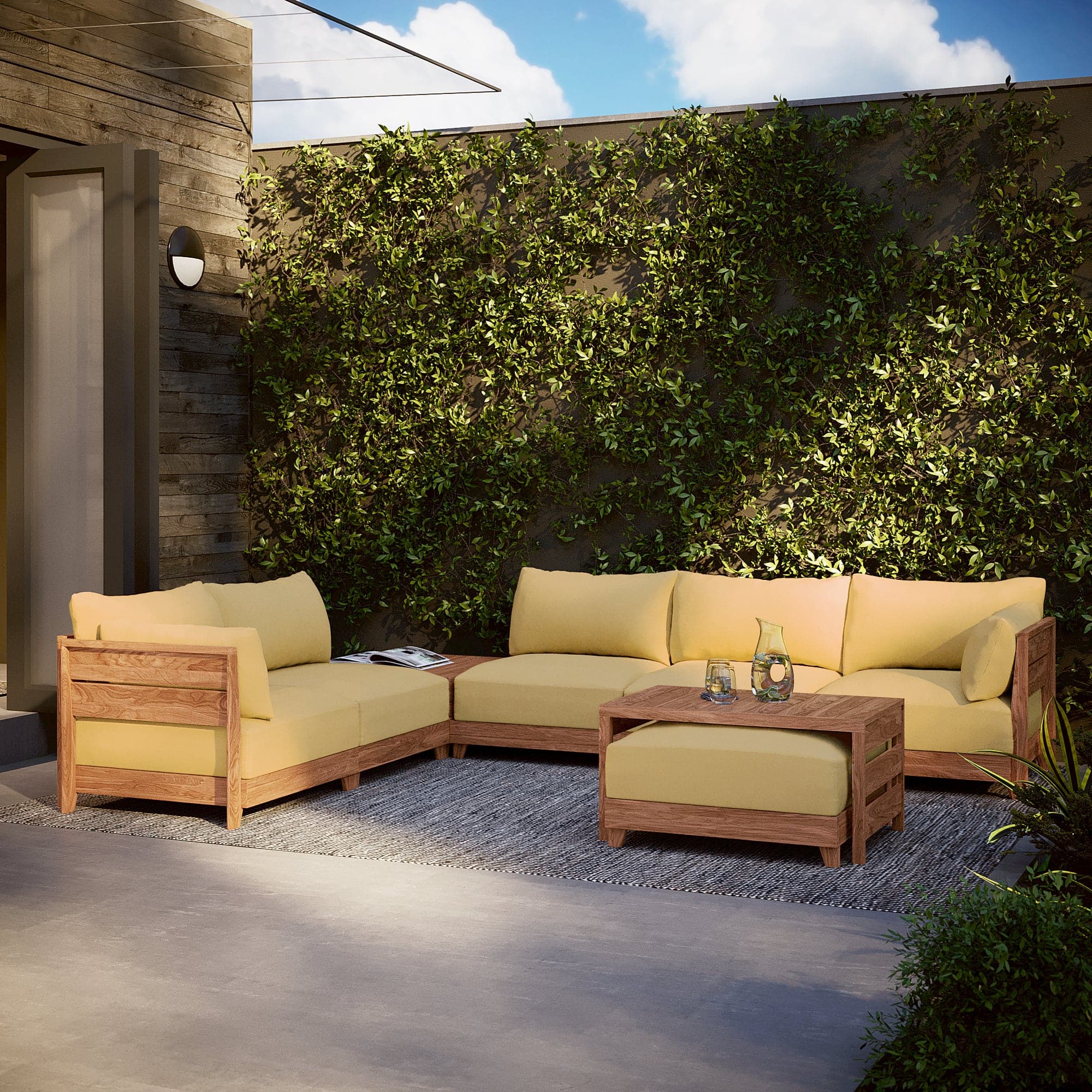 Dwell™ Modular Teak Outdoor 5-Seater L-Sectional | Classic Canvas in Sun