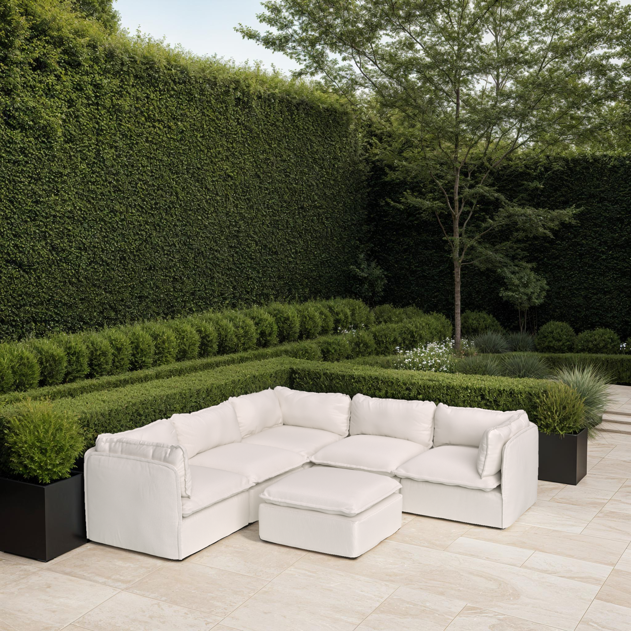 Modular Outdoor Washable 7-Seater Corner Sectional + Bench Ottoman | Nano Slubweave in Chai
