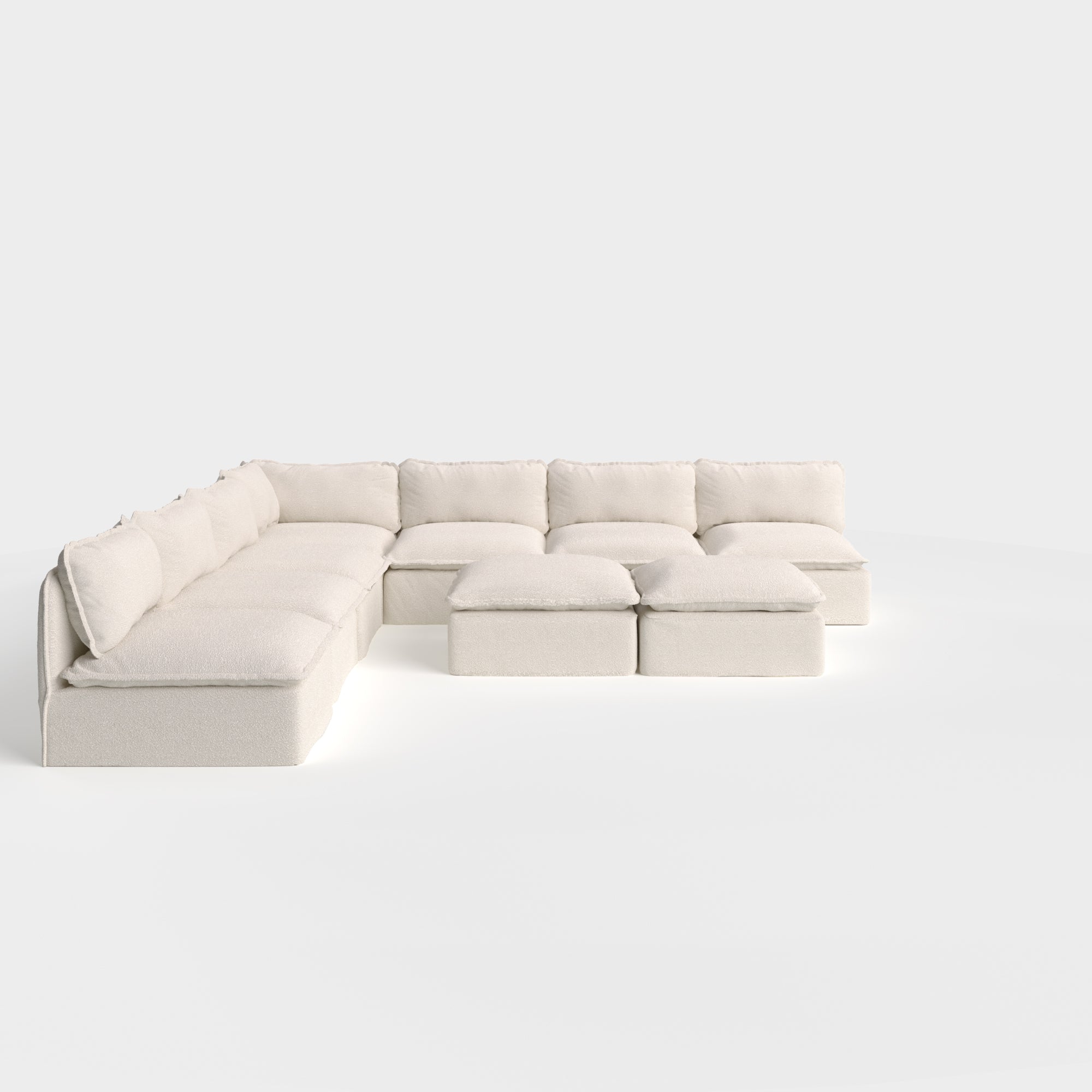 Modular Outdoor Washable 7-Seater Open-Ends Corner Sectional  + Bench Ottoman | Alfresco Boucle in Creme