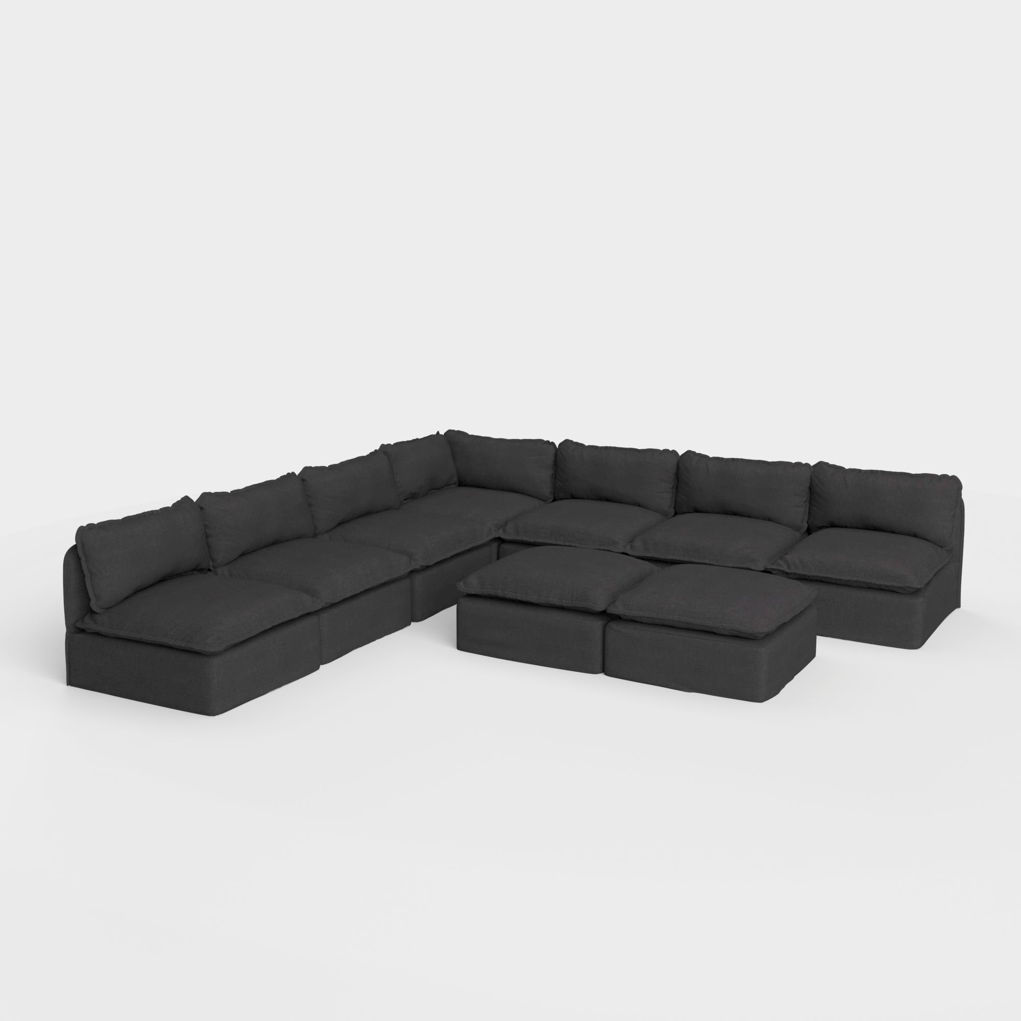 Modular Outdoor Washable 7-Seater Open-Ends Corner Sectional + Bench Ottoman | Classic Canvas in Charcoal