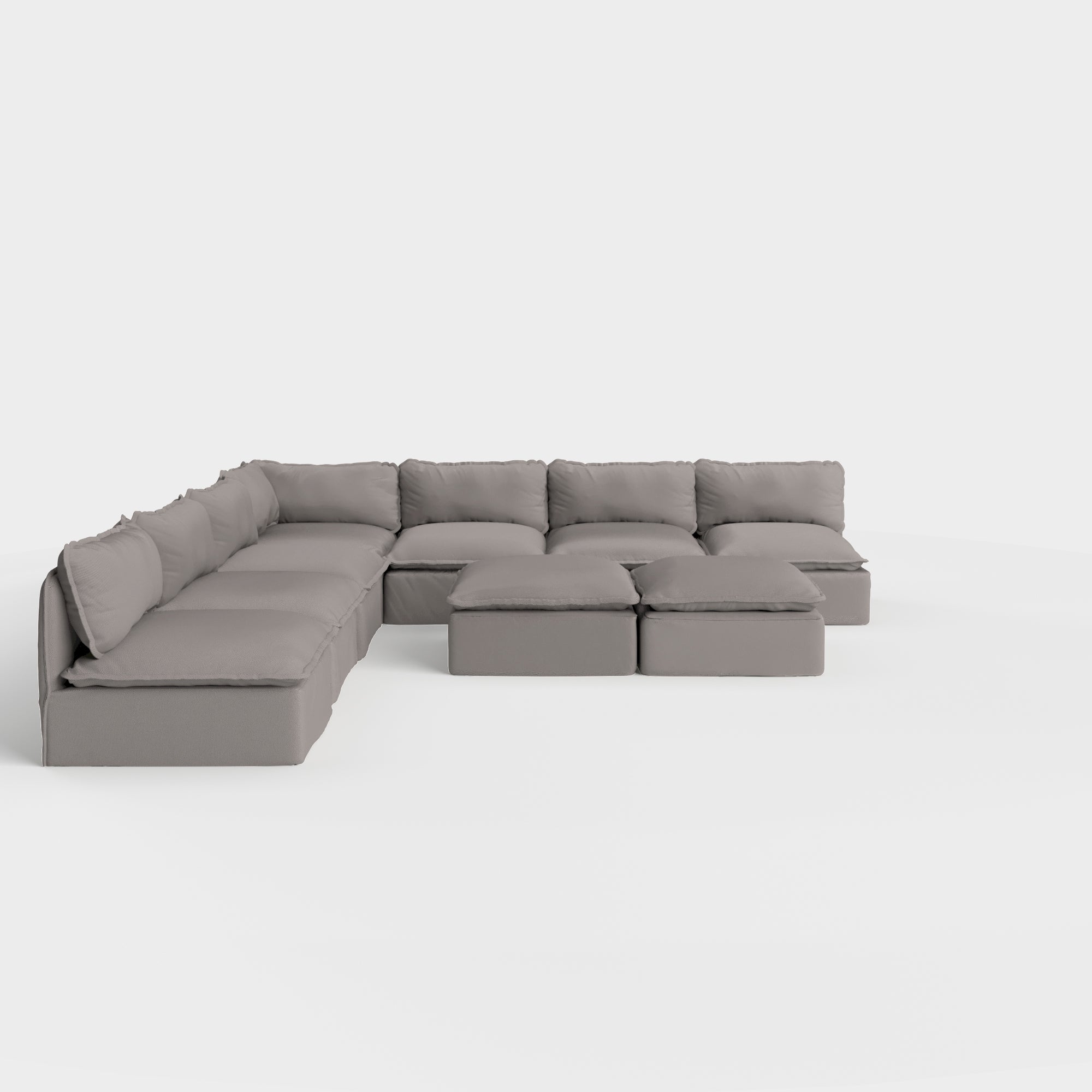 Modular Outdoor Washable 7-Seater Open-Ends Corner Sectional  + Bench Ottoman | Nano Slubweave in Haze Gray