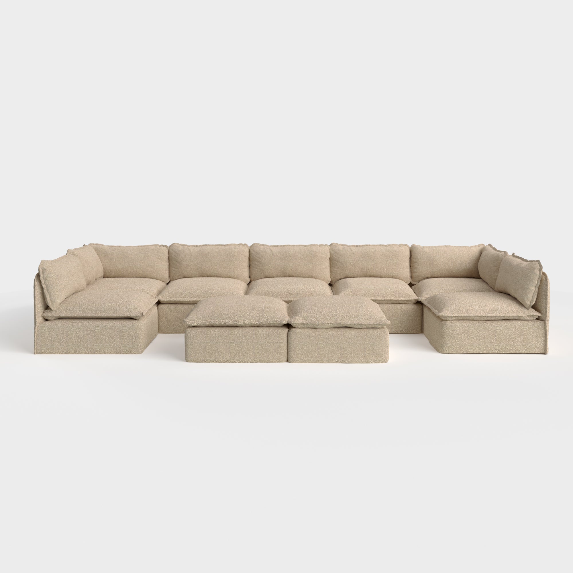 Modular Outdoor Washable 7-Seater Open-Ends U-Sectional + Bench Ottoman | Alfresco Boucle in Cashew