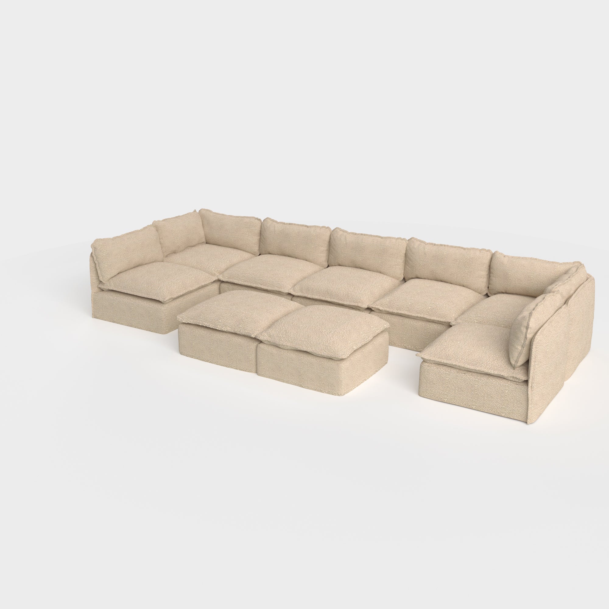 Modular Outdoor Washable 7-Seater Open-Ends U-Sectional + Bench Ottoman | Alfresco Boucle in Cashew