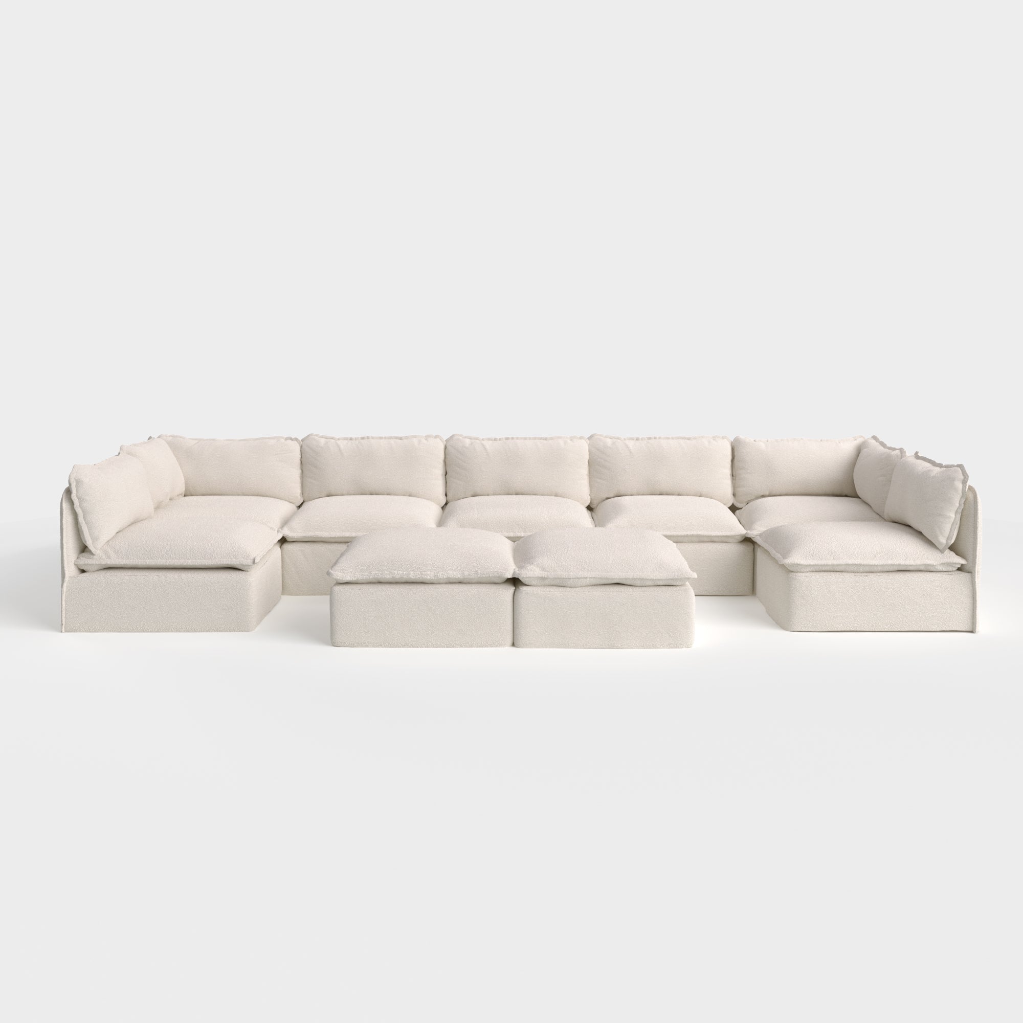Modular Outdoor Washable 7-Seater Open-Ends U-Sectional + Bench Ottoman | Alfresco Boucle in Creme