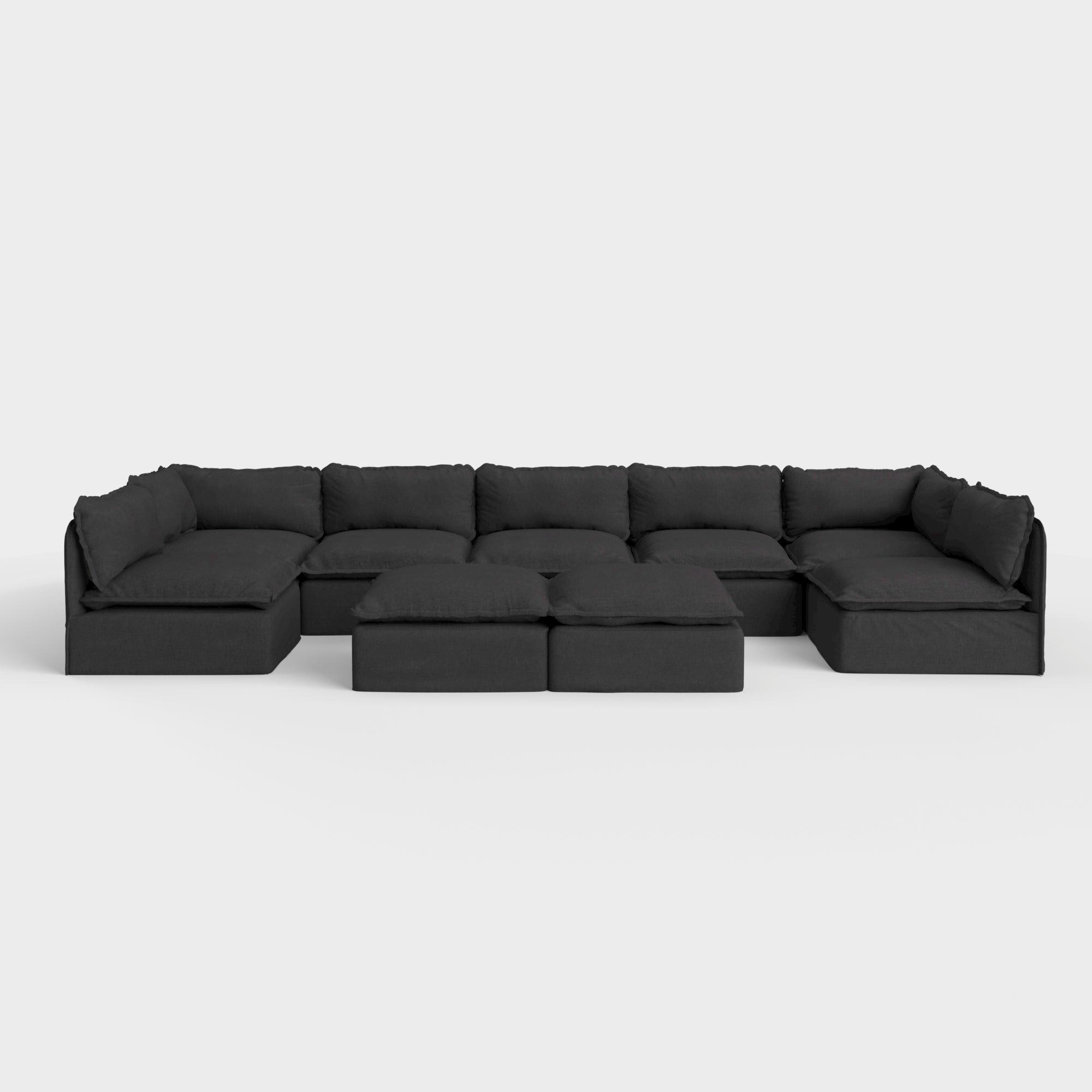 Modular Outdoor Washable 7-Seater Open-Ends U-Sectional + Bench Ottoman | Classic Canvas in Charcoal
