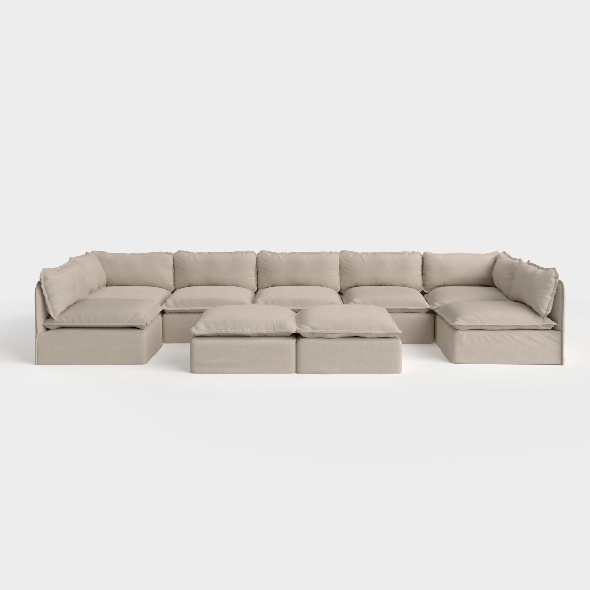Modular Outdoor Washable 7-Seater Open-Ends U-Sectional + Bench Ottoman | Classic Canvas in Sand