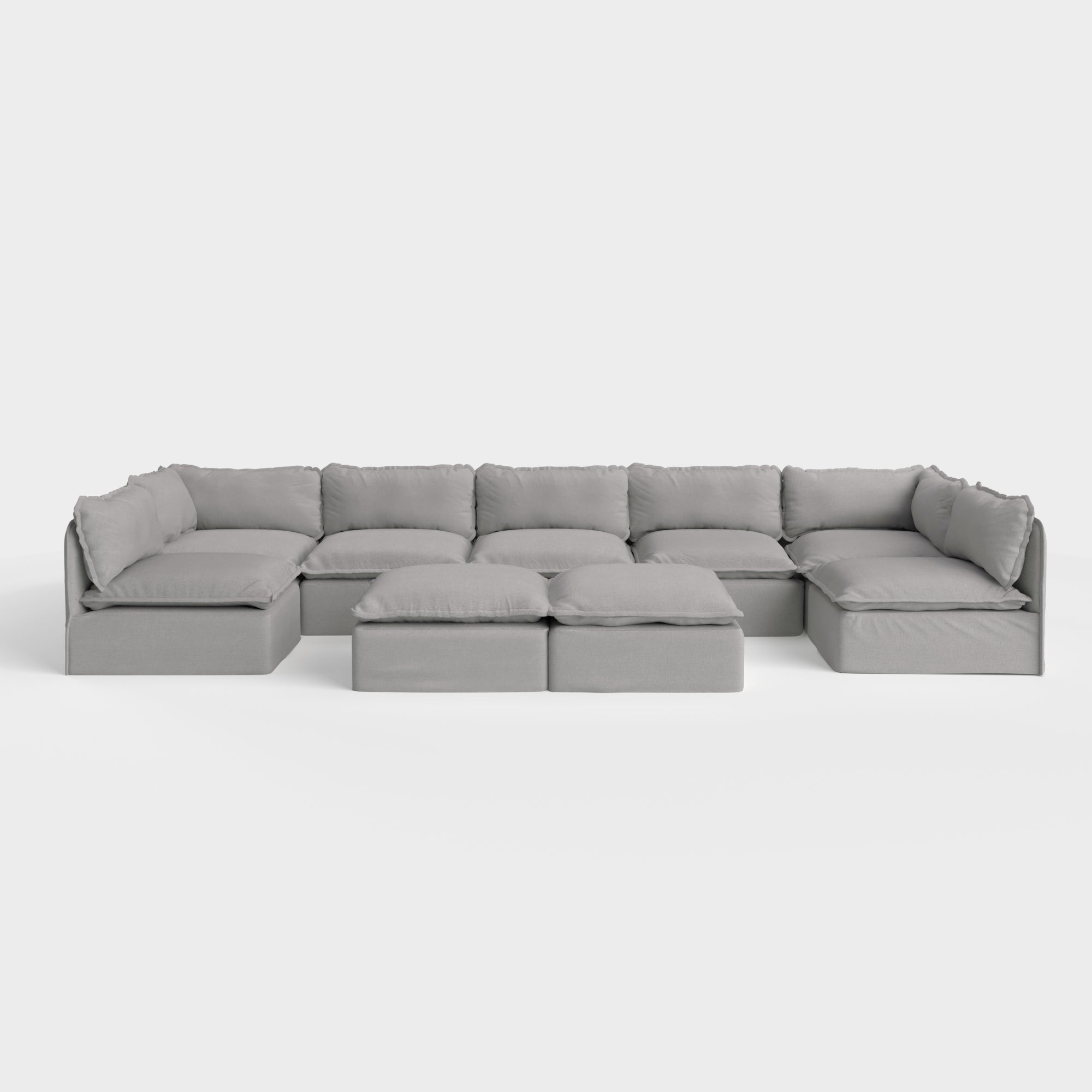 Modular Outdoor Washable 7-Seater Open-Ends U-Sectional + Bench Ottoman | Classic Canvas in Stone Gray