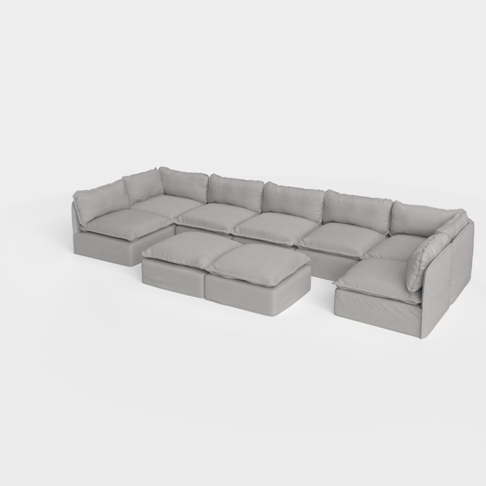 Modular Outdoor Washable 7-Seater Open-Ends U-Sectional + Bench Ottoman | Classic Canvas in Stone Gray