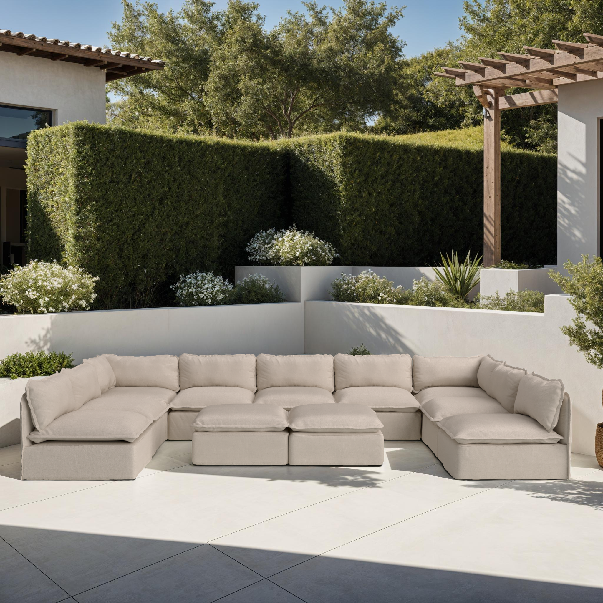 Modular Outdoor Washable 7-Seater Open-Ends U-Sectional + Ottoman | Classic Canvas in Sand