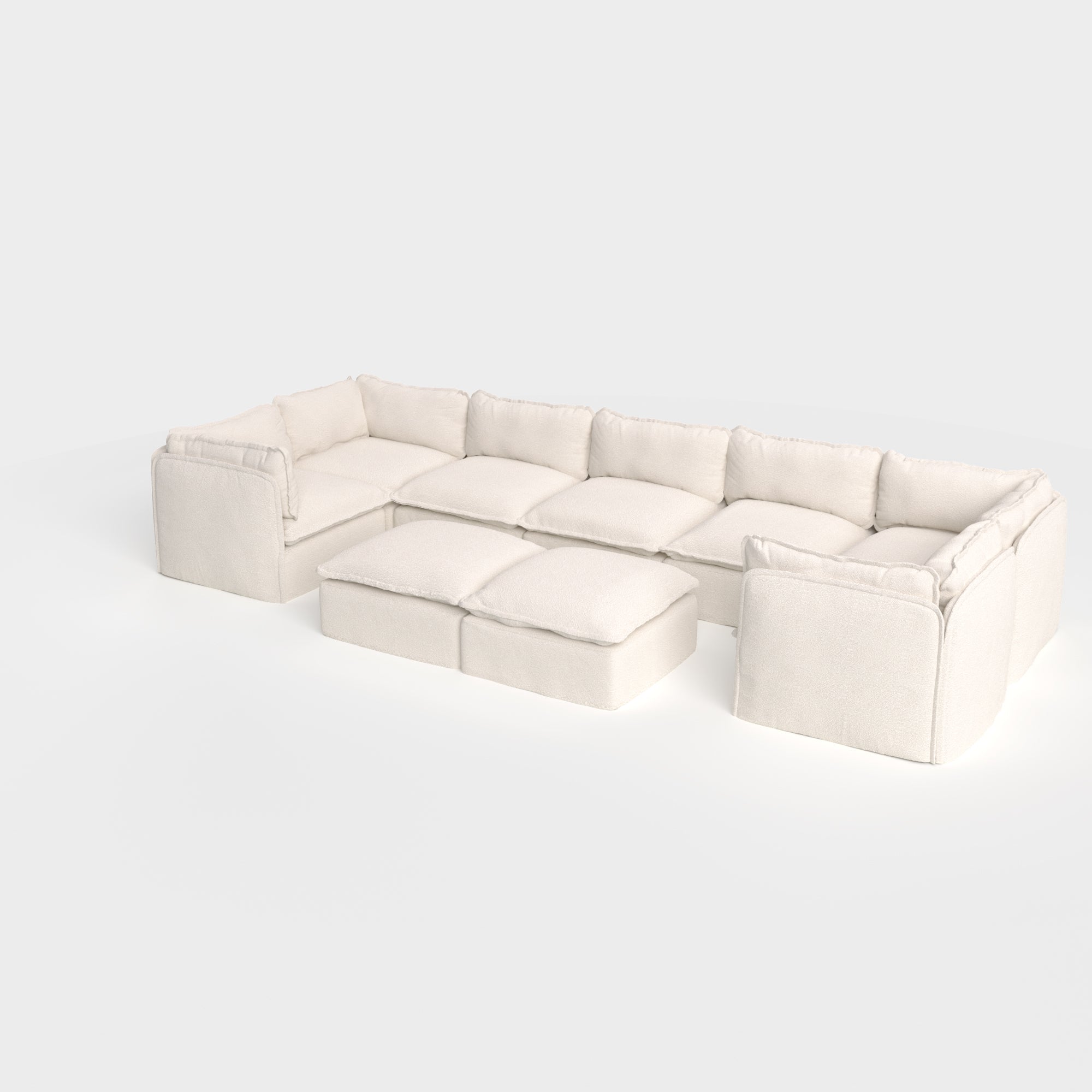 Modular Outdoor Washable 7-Seater U-Sectional + Bench Ottoman | Alfresco Boucle in Creme