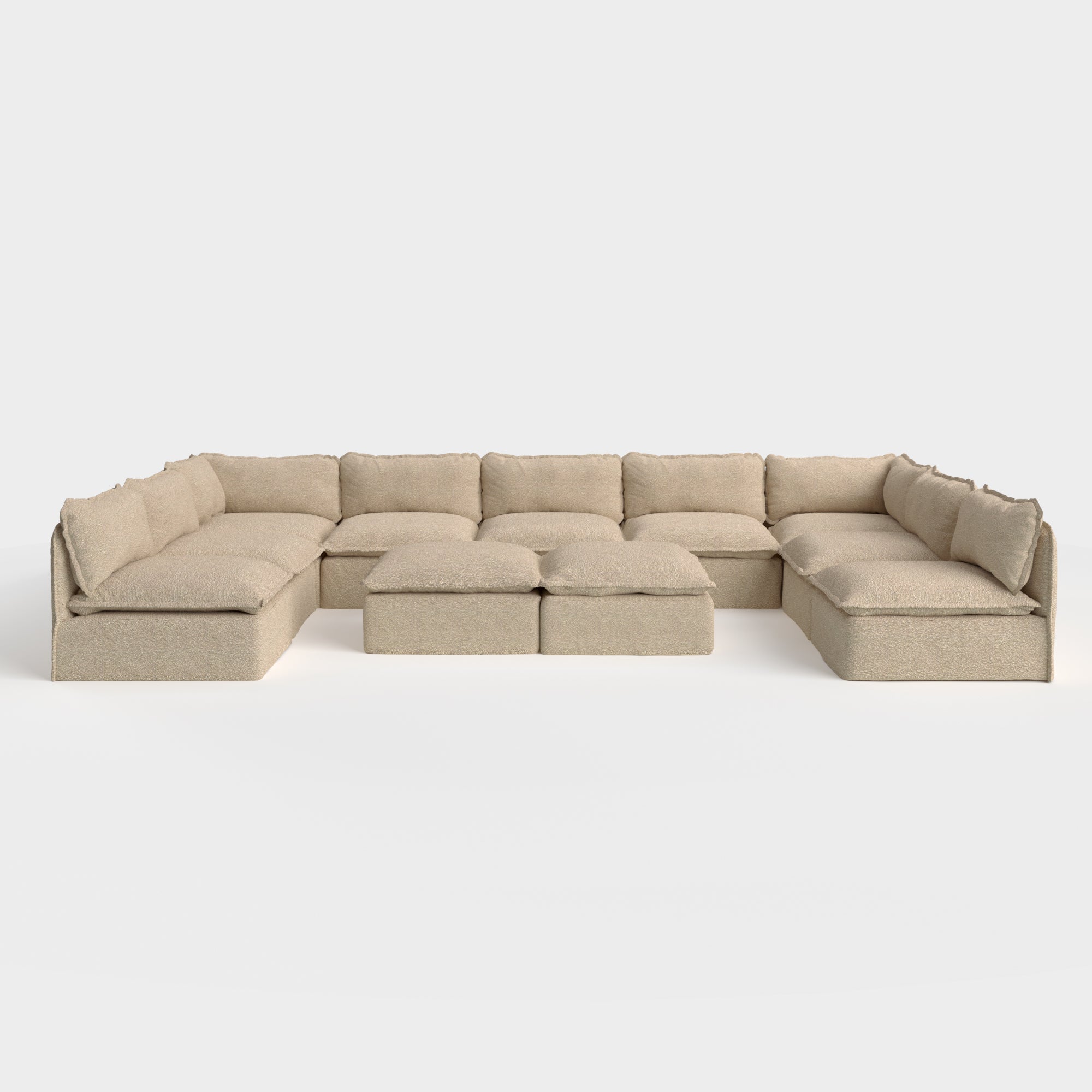 Modular Outdoor Washable 9-Seater Open-Ends U-Sectional  + Bench Ottoman | Alfresco Boucle in Cashew