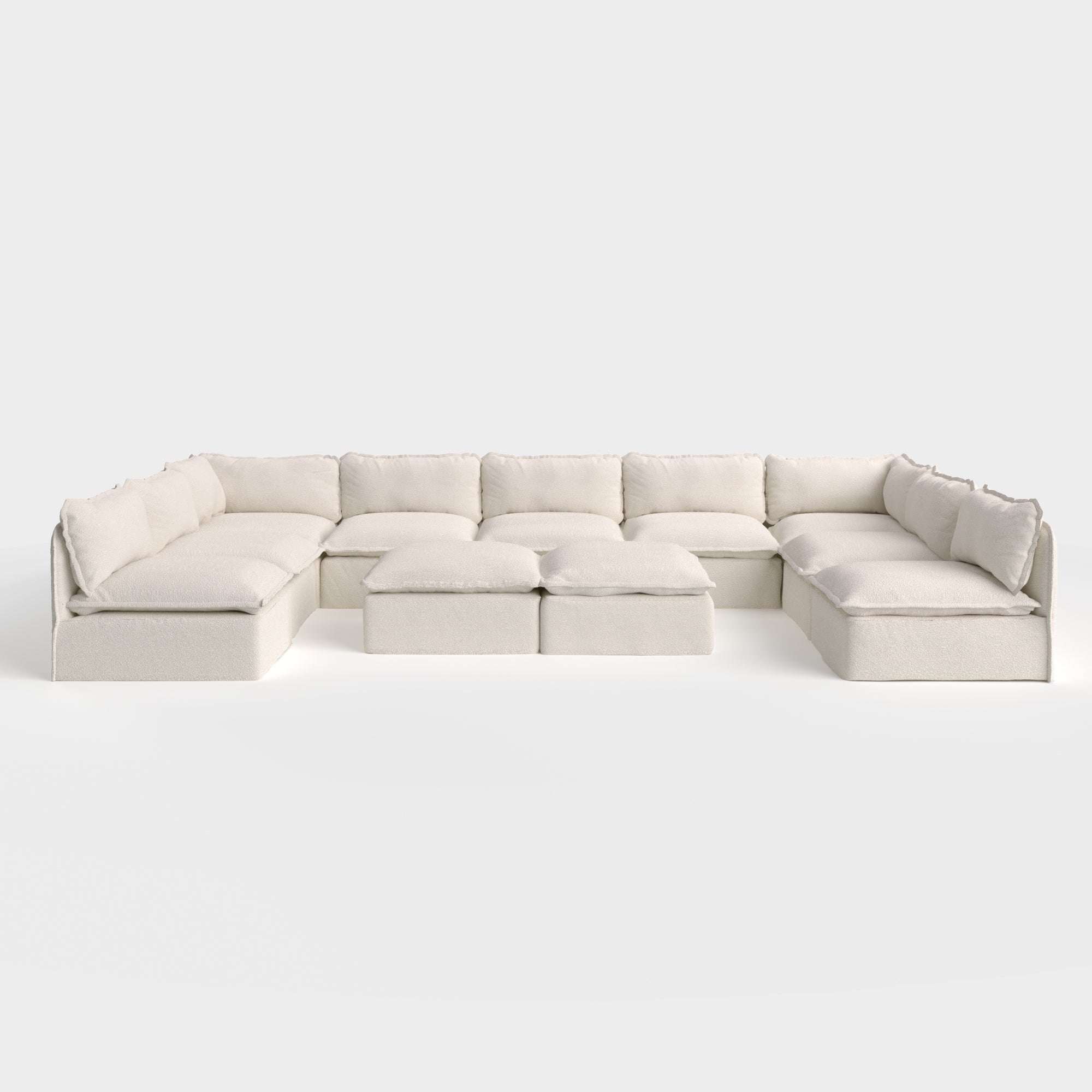 Modular Outdoor Washable 9-Seater Open-Ends U-Sectional  + Bench Ottoman | Alfresco Boucle in Creme